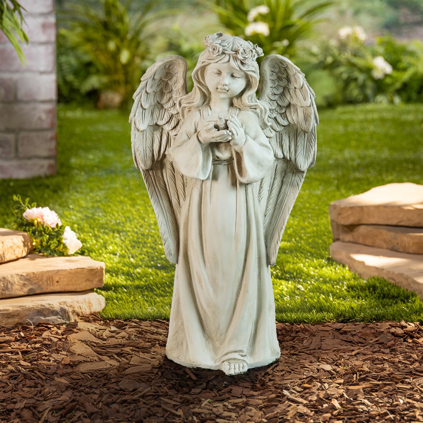 Northlight 20.5&#x22; White Standing Angel Holding a Bird Outdoor Garden Statue