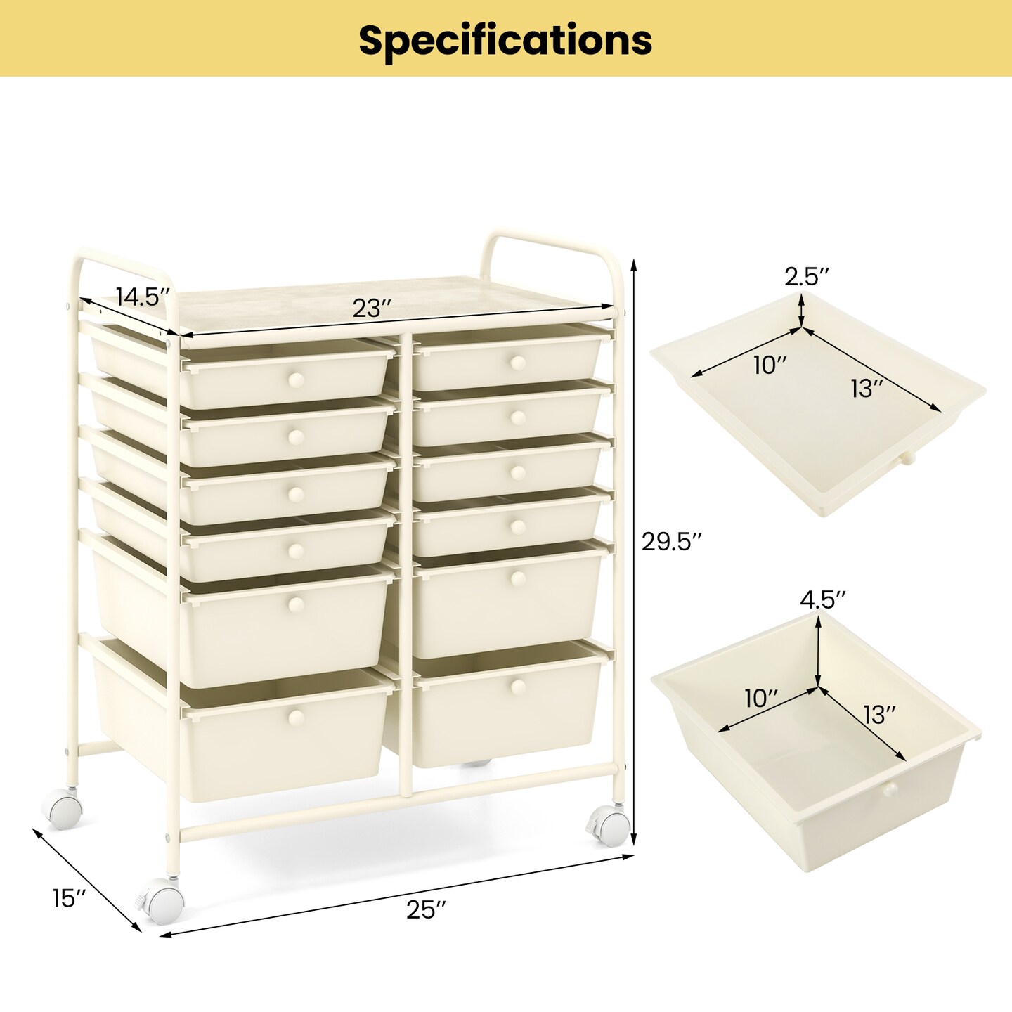 Space-Saving 12-Drawer Rolling Cart Sturdy Metal and PP Storage Trolley with Lockable Wheels for Office or Home