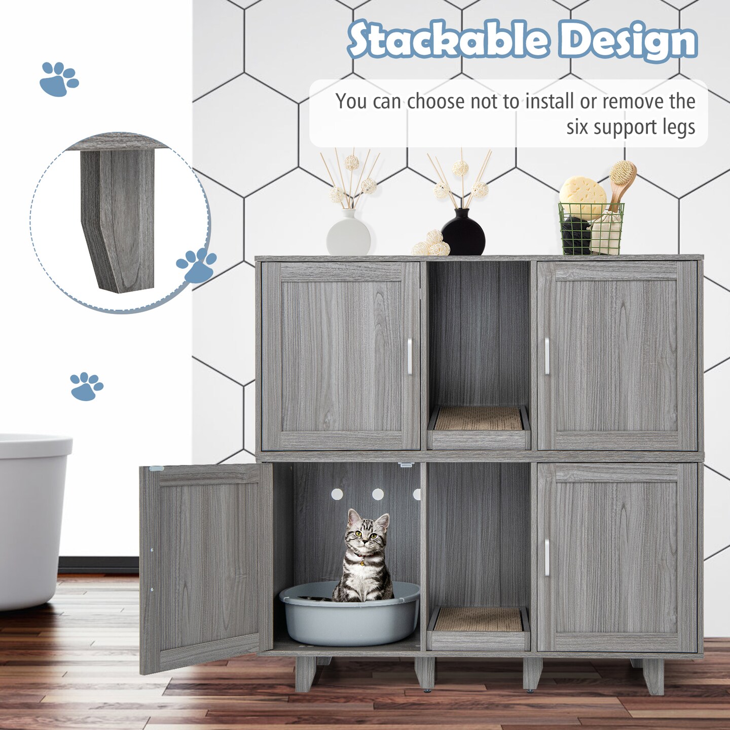 Cat Washroom Litter Box Enclosure with Maze Entry and Scratch Board
