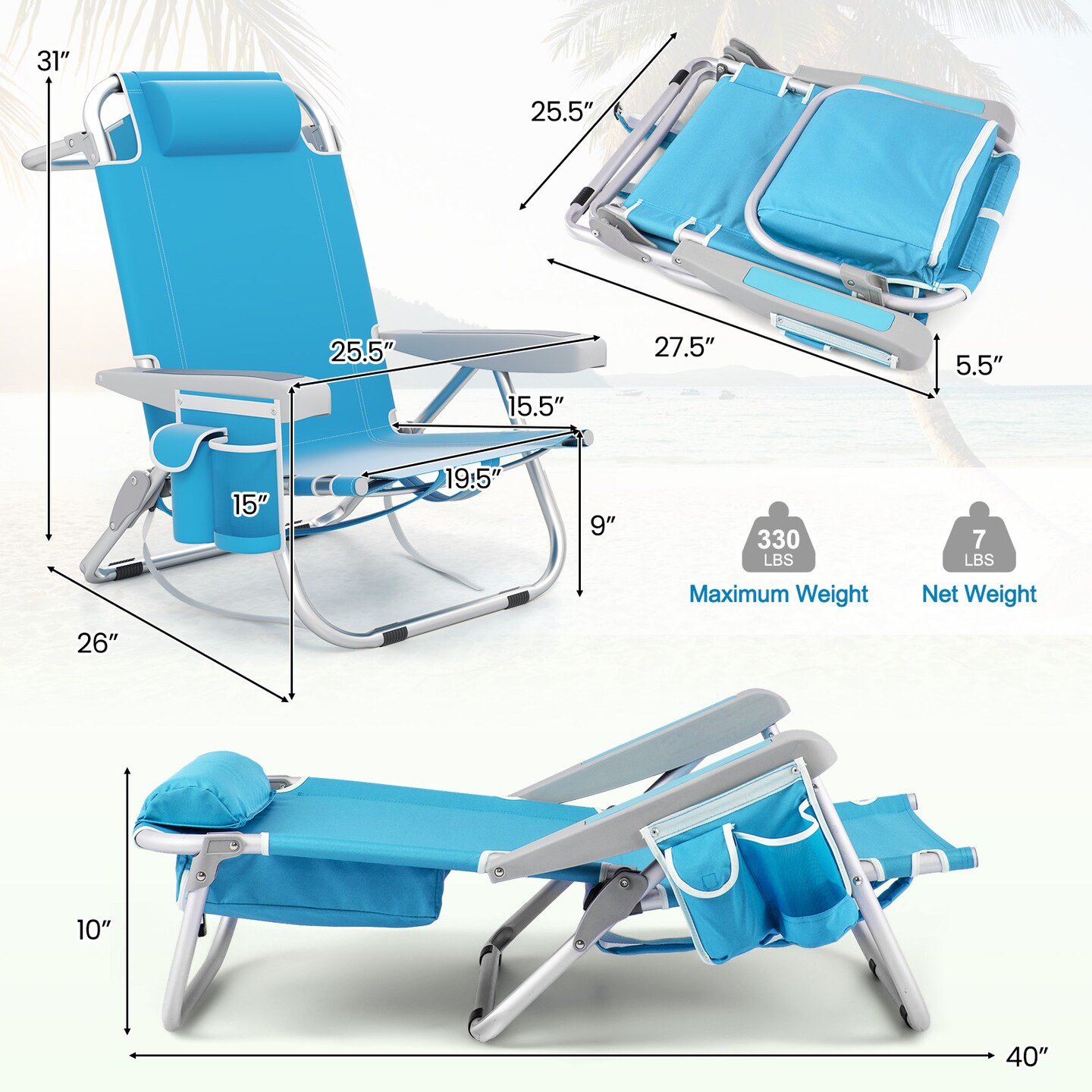 Adjustable Beach Chair with Cup Holder and Storage for Outdoor Relaxation