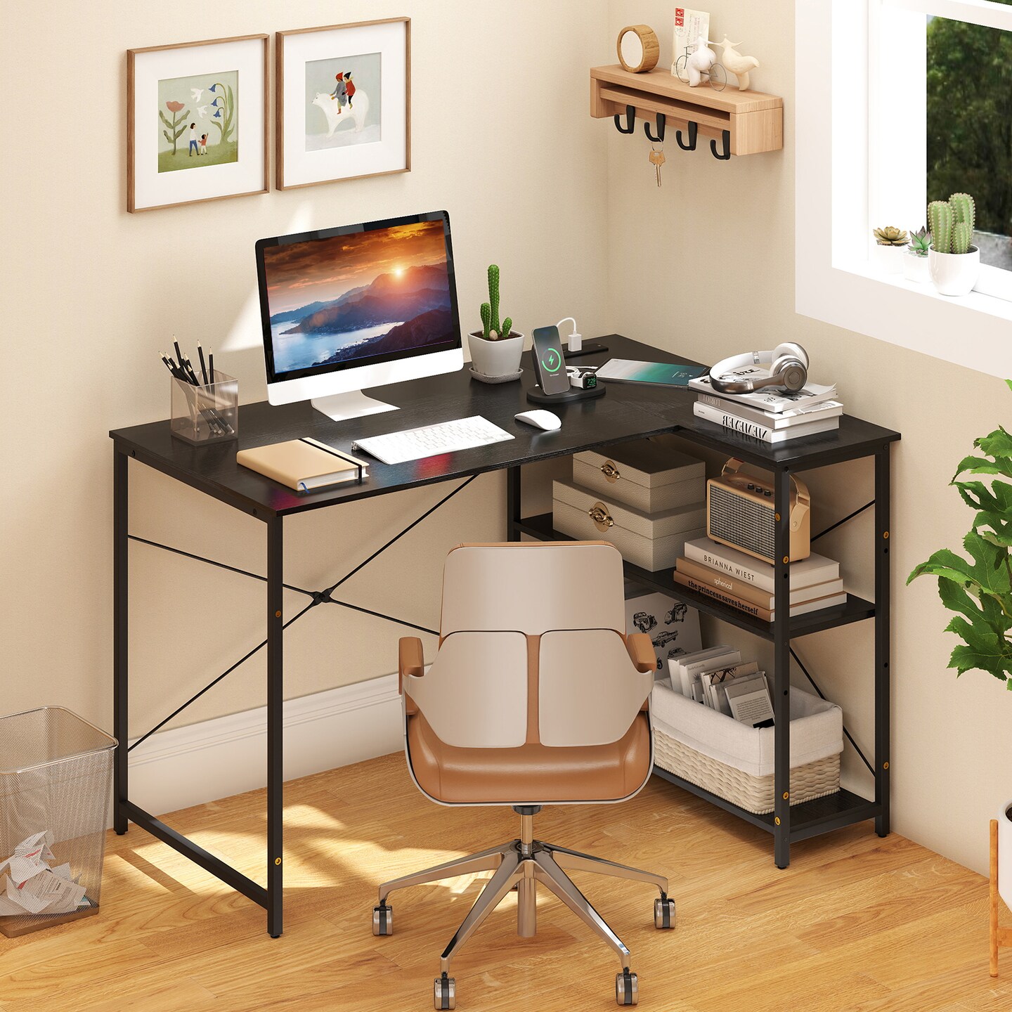 47 Inch L Shaped Computer Desk with Charging Station and Corner Storage Shelves