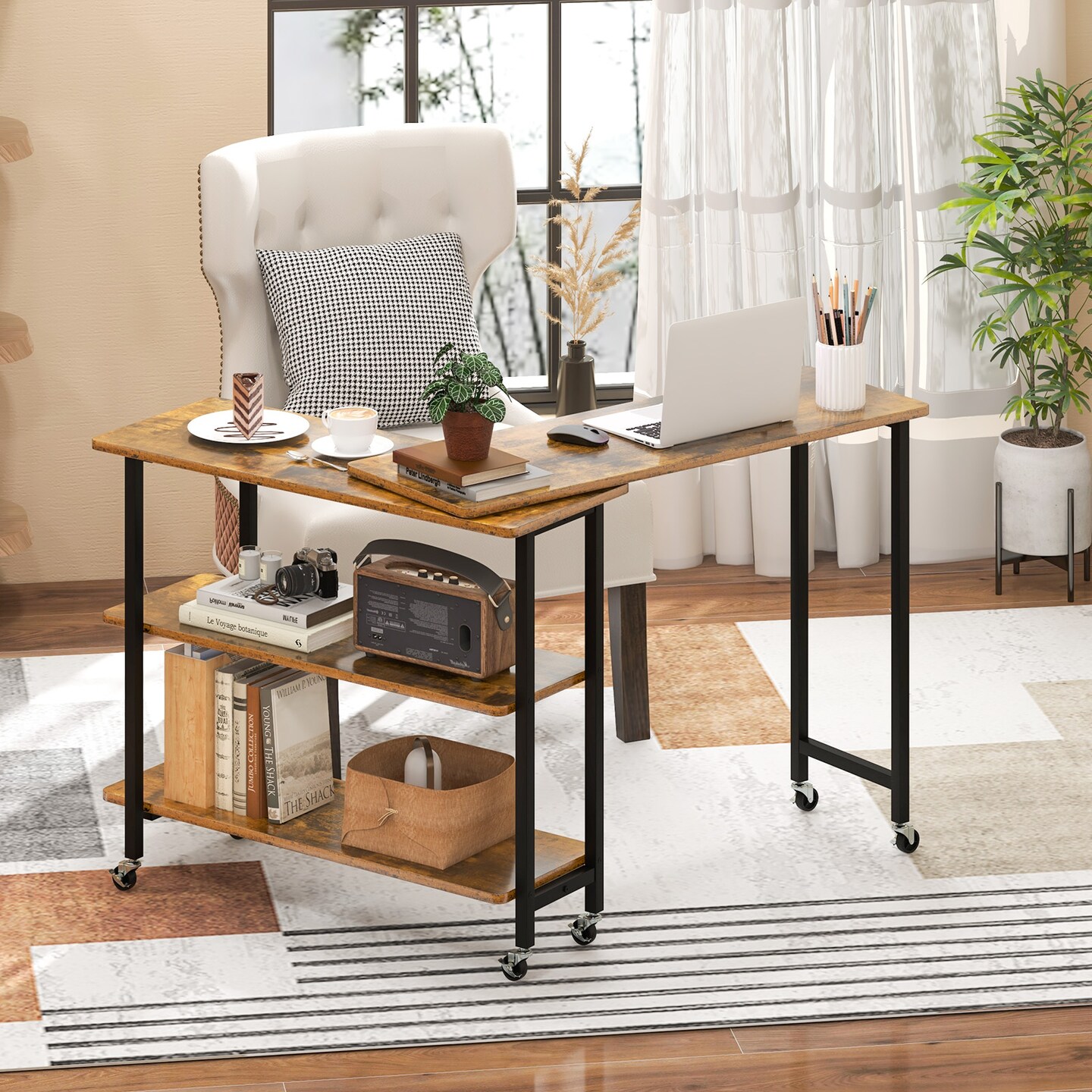 Space-Saving Sofa Side Table with Rotating Top 2 Open Shelves and 6 Locking Casters for Home Office