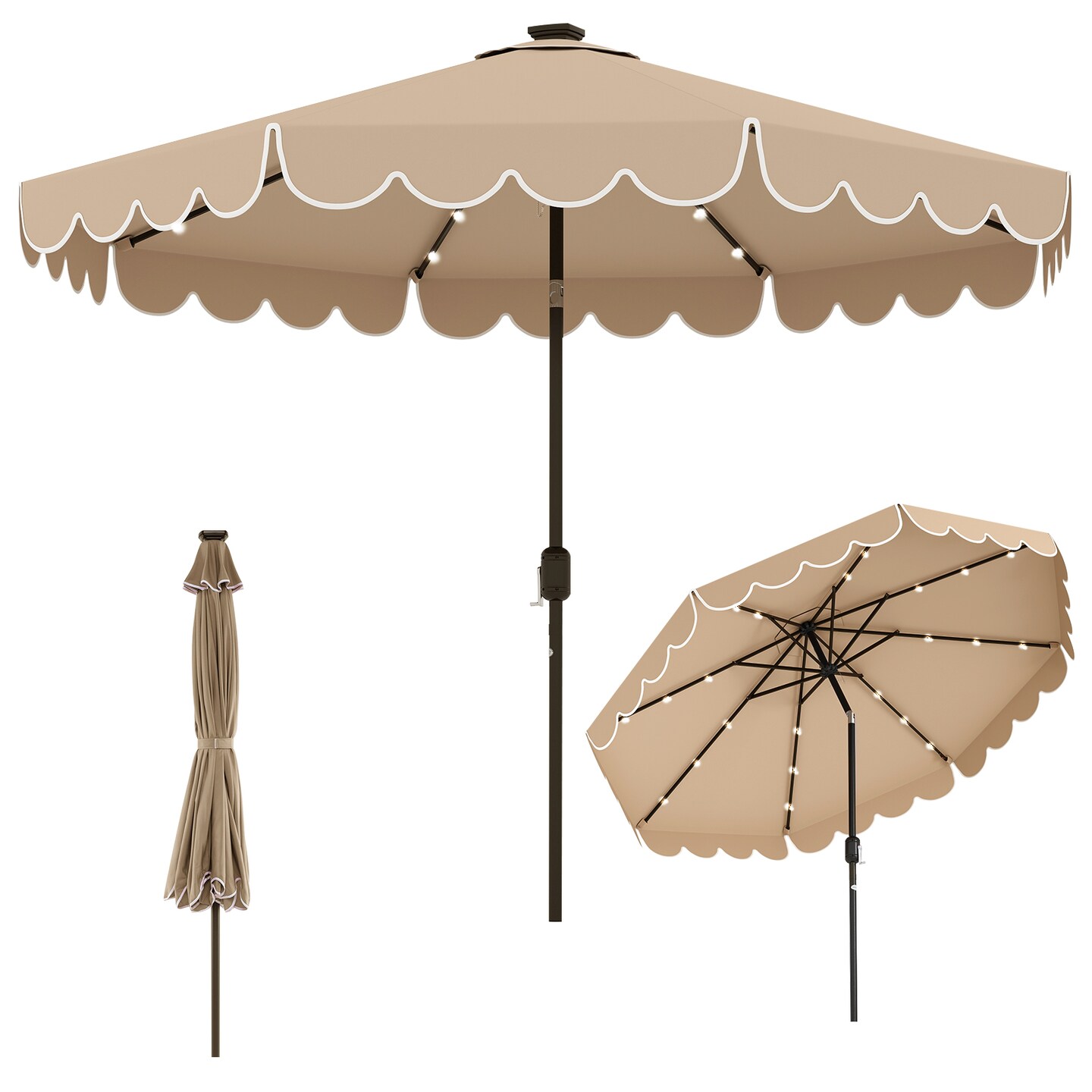 Polyester Auto-Tilt Solar Patio Umbrella with LED Lights and 10x8.3 ft Shade