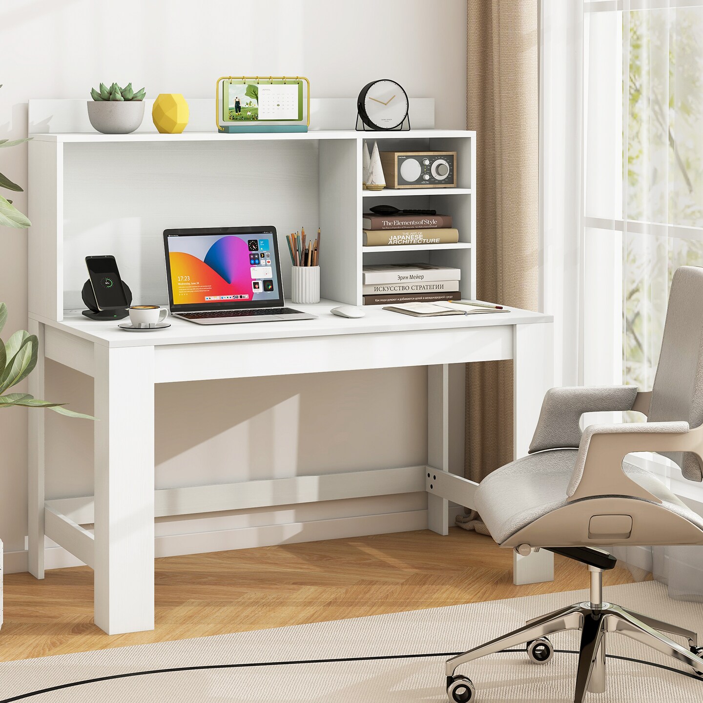 Modern Computer Desk with Hutch Built In Charging Station Storage Shelves