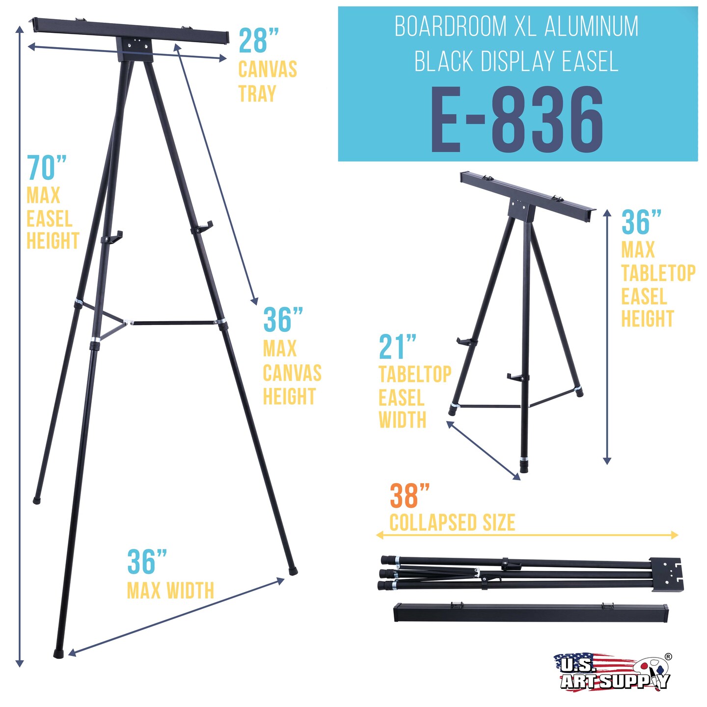 70&#x22; High Boardroom XL Black Aluminum Flip Chart Easel &#x26; Presentation Stand - Adjustable Floor/Tabletop, Portable Tripod, Holds 45 lbs, for Chart Paper, Poster Boards, &#x26; Pads