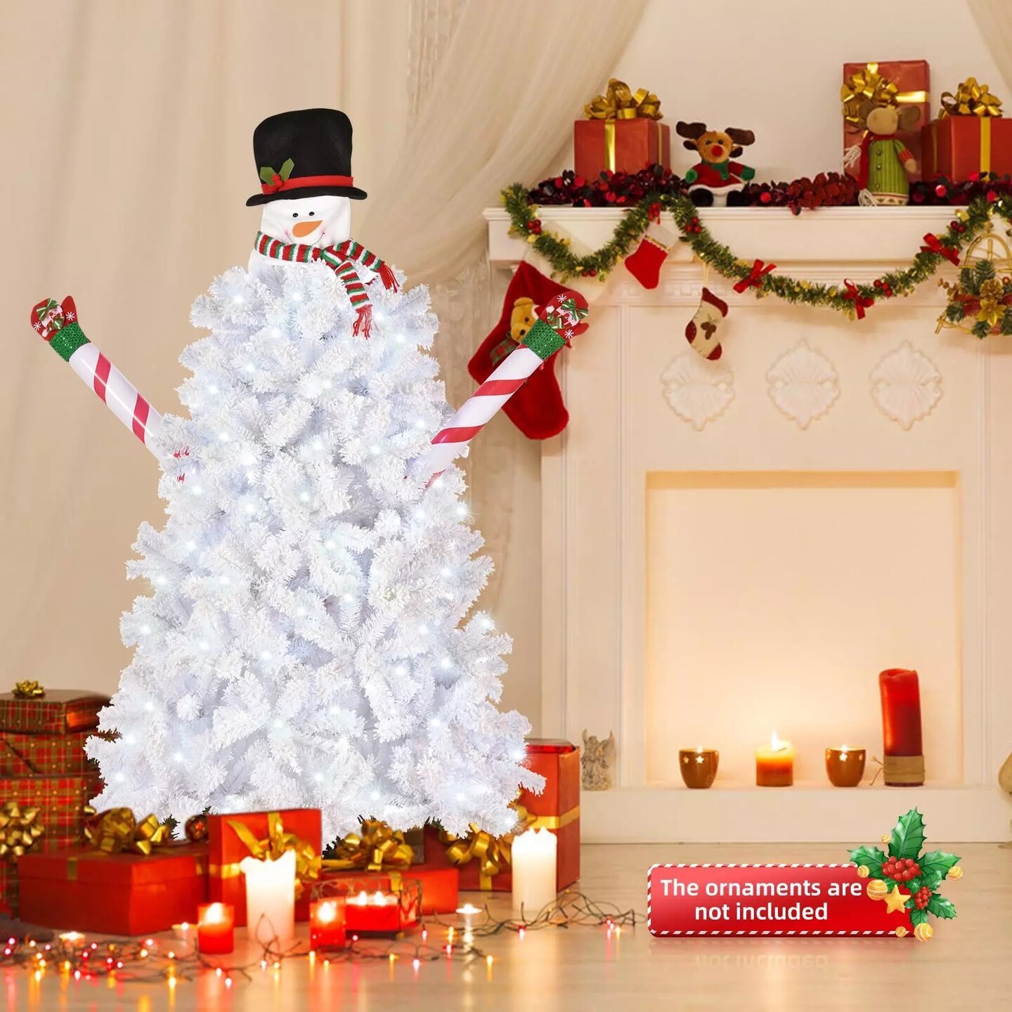 Kitcheniva 6.5&#x22; Pre-Lit Hinged Snowman Artificial White Christmas Tree With LED Lights
