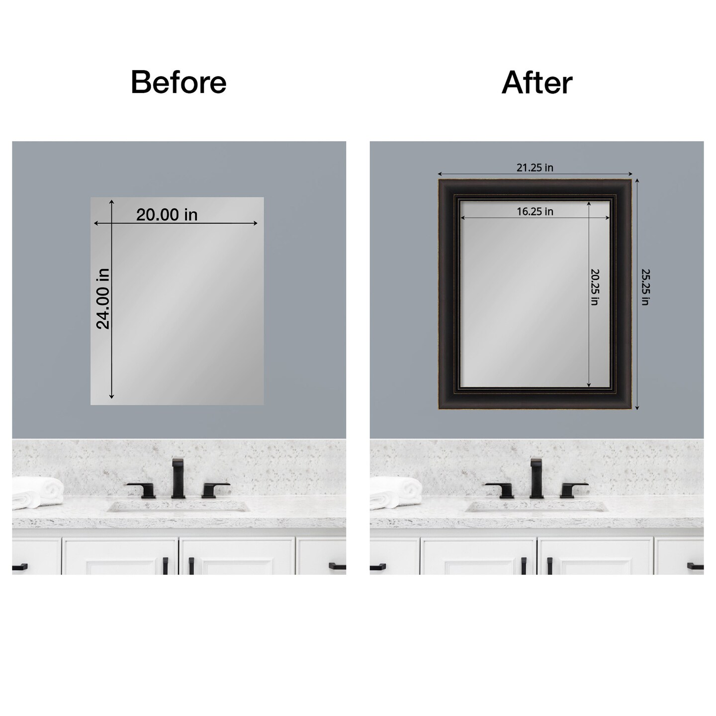 Amanti Art Mirror Makeover Bathroom Mirror Frame Border Kit - Fully Assembled Peel and Stick Frame - Mirror NOT Included - Trio Trim