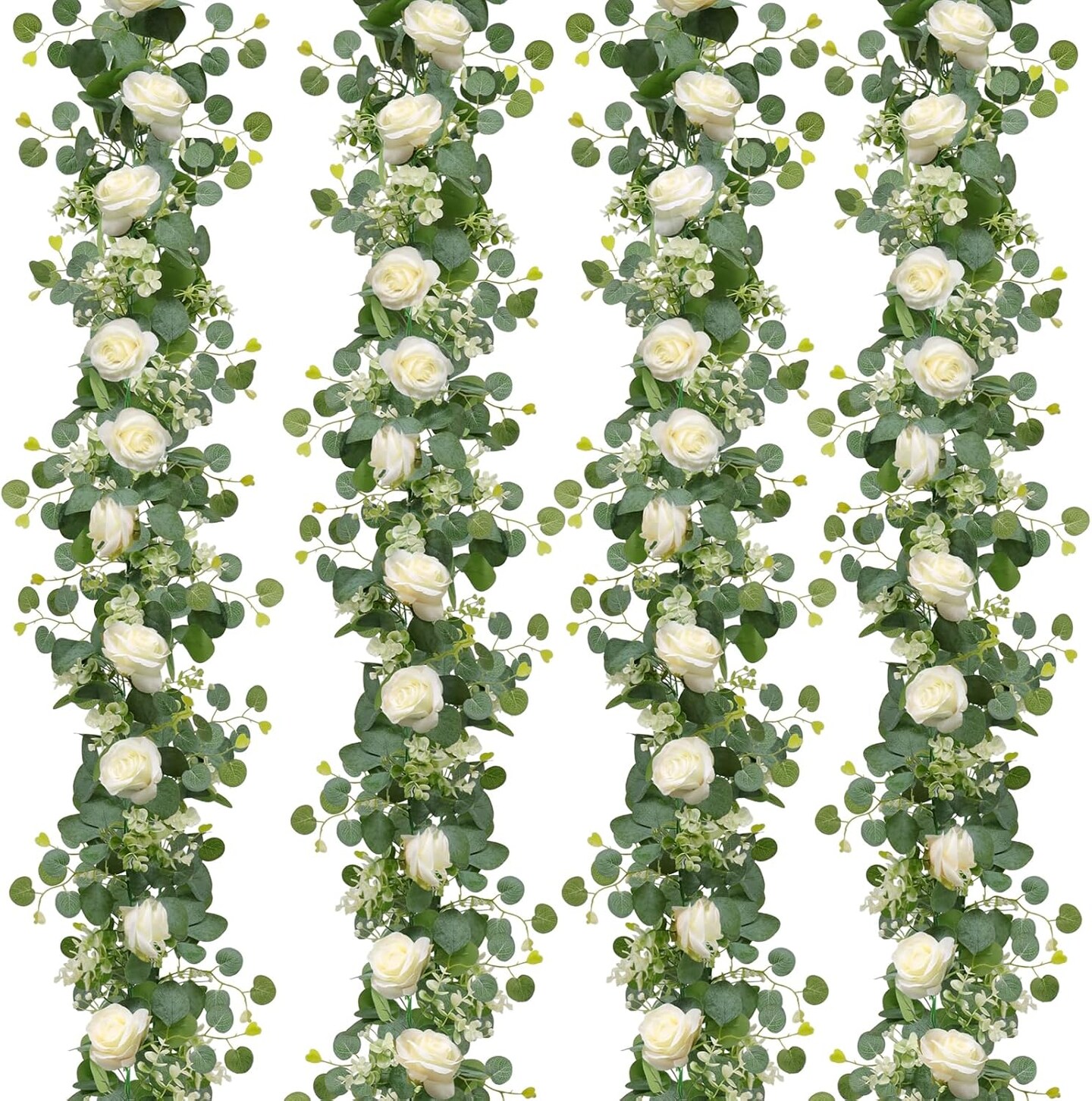 4 Pcs Artificial Eucalyptus & White Rose Garland – 26 ft Faux Rose Vine with Gypsophila Greenery for Party & Wedding Décor