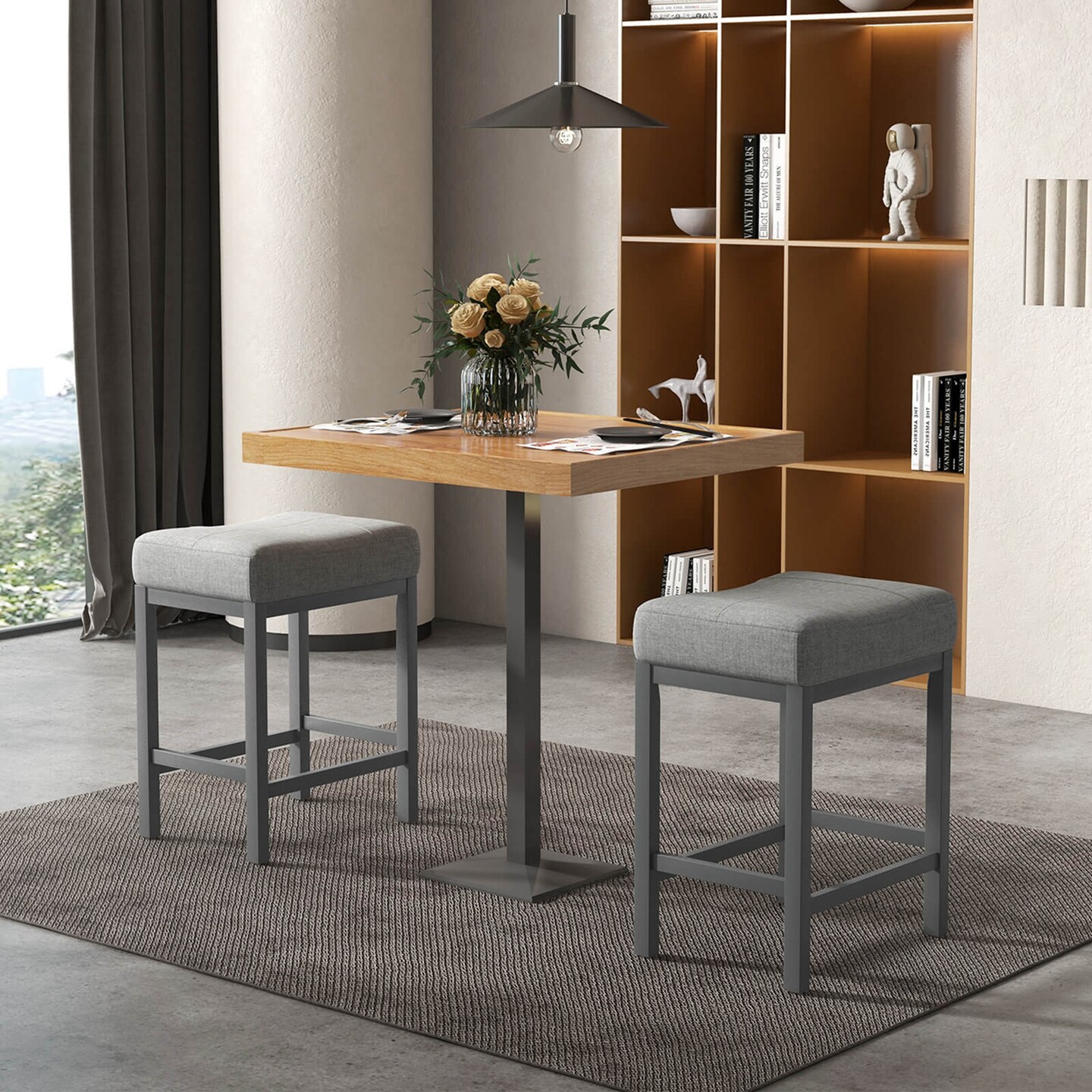 Costway 24.5&#x22; Bar Stool Set of 4 with Solid Rubber Wood Frame Humanized Footrest Kitchen White/Gray