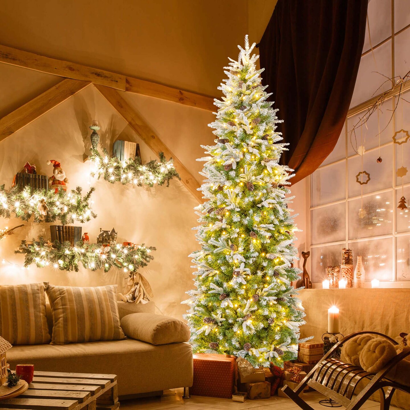 Costway 6/7.5/9 FT Flocked Christmas Tree with 671/913/1310 PE PVC Branch Tips 280/350/470 Warm White LED Lights
