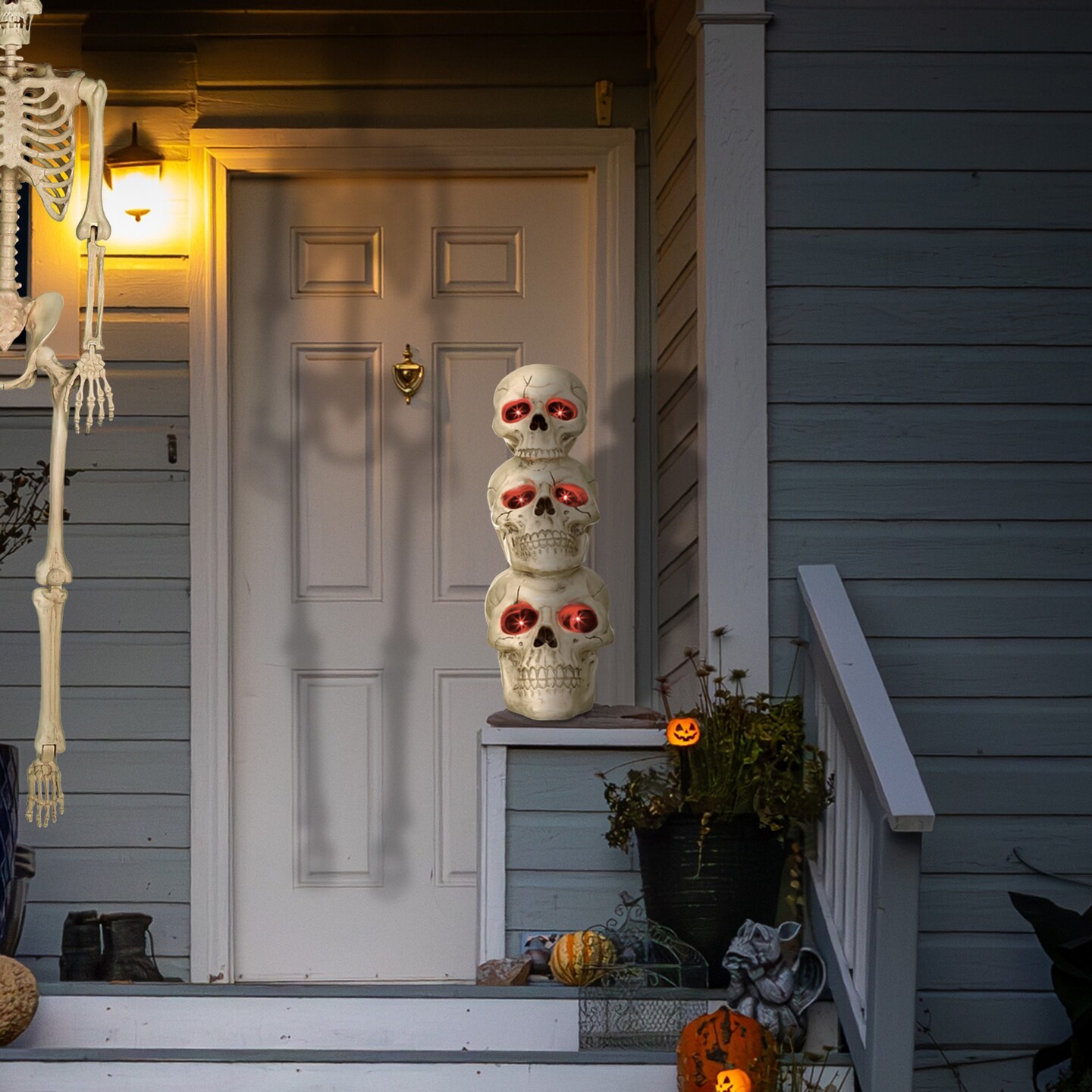 BOO BOX Stacked Skulls with LED Eyes and Sound, 27.5&#x22; Scary Skeleton Halloween Decoration for Home, Porch, or Yard Indoor Outdoor