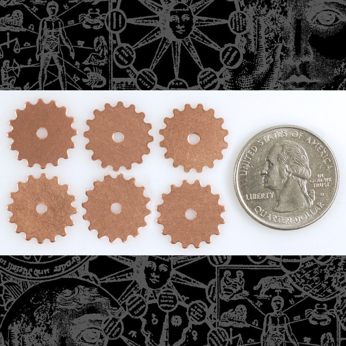 Solid Copper Steampunk Faux Gears Wheels Charms 17mm - Set of Six - C:G08