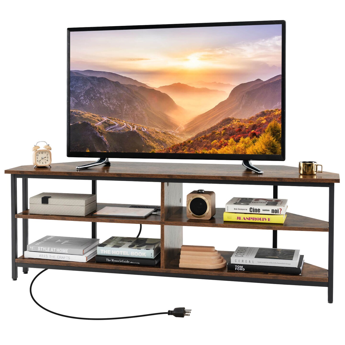 Costway Corner TV Stand for TVs up to 65" TV Console Table with AC Outlets&USB A Ports Rustic Brown/Black/White