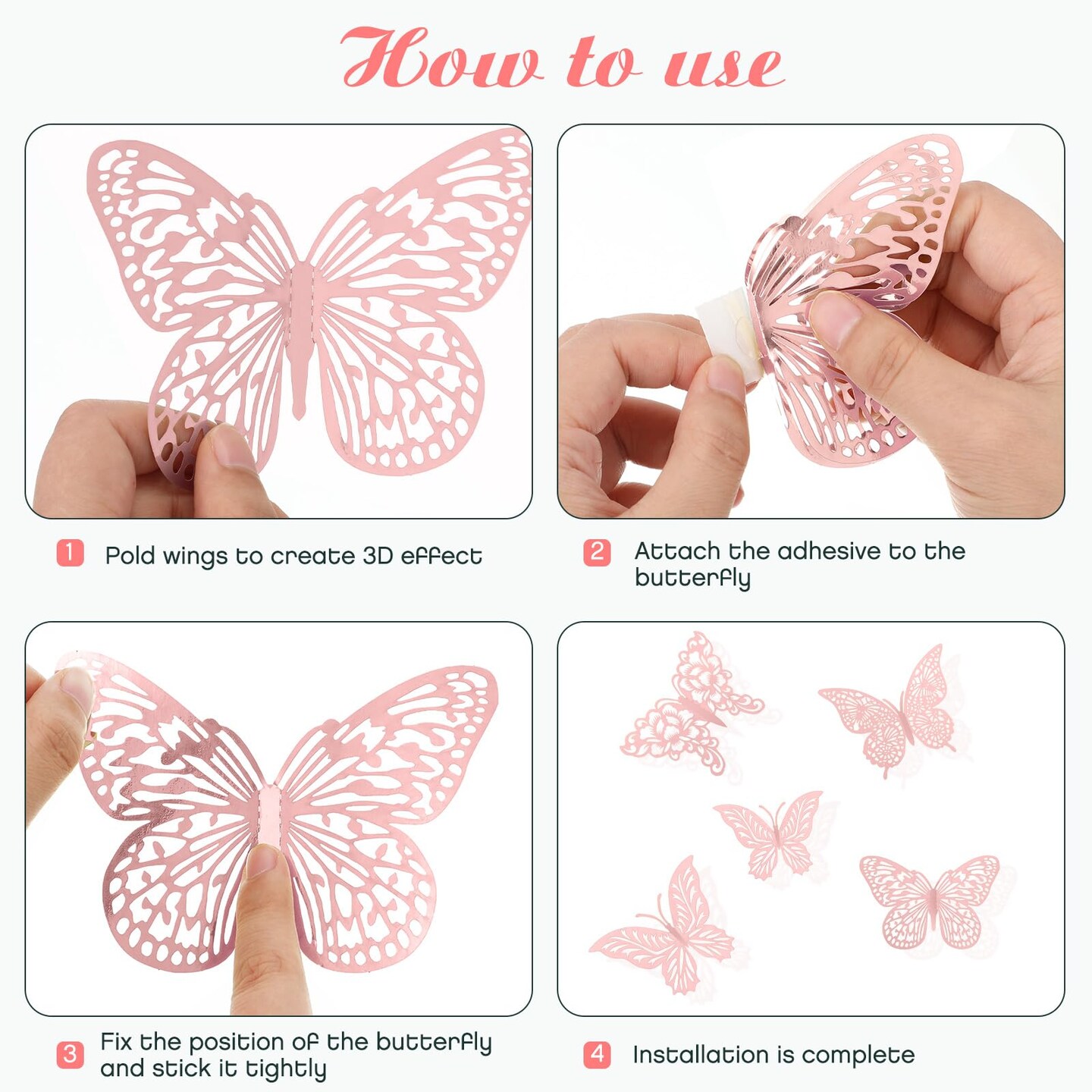 3D Gold Butterfly Wall Decor 3 Sizes 4 Styles Butterfly Party Decorations Cake Decorations Removable Stickers Wall Decor Room Mural Metallic Kids (Pink, 48Pcs)