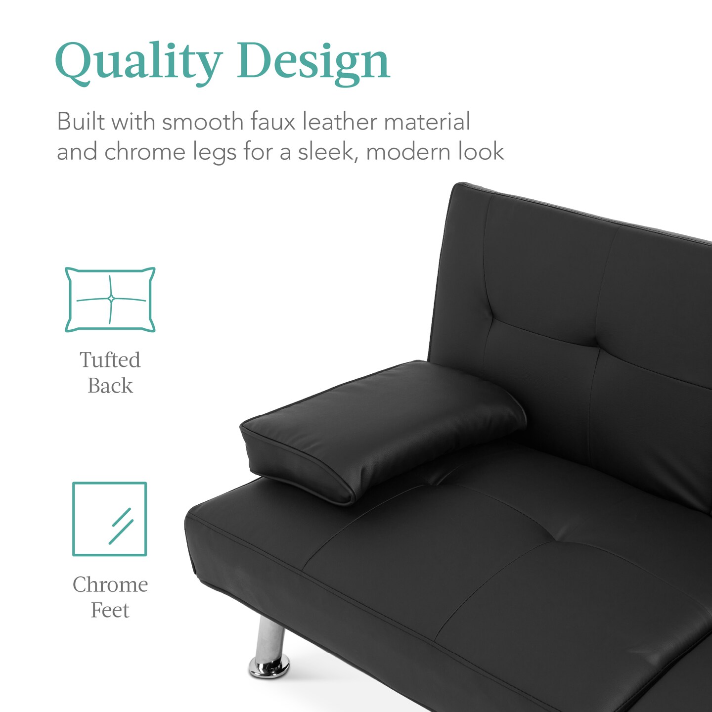 Best Choice Products Modern Faux Leather Convertible Futon Sofa w/ Removable Armrests, 2 Cupholders