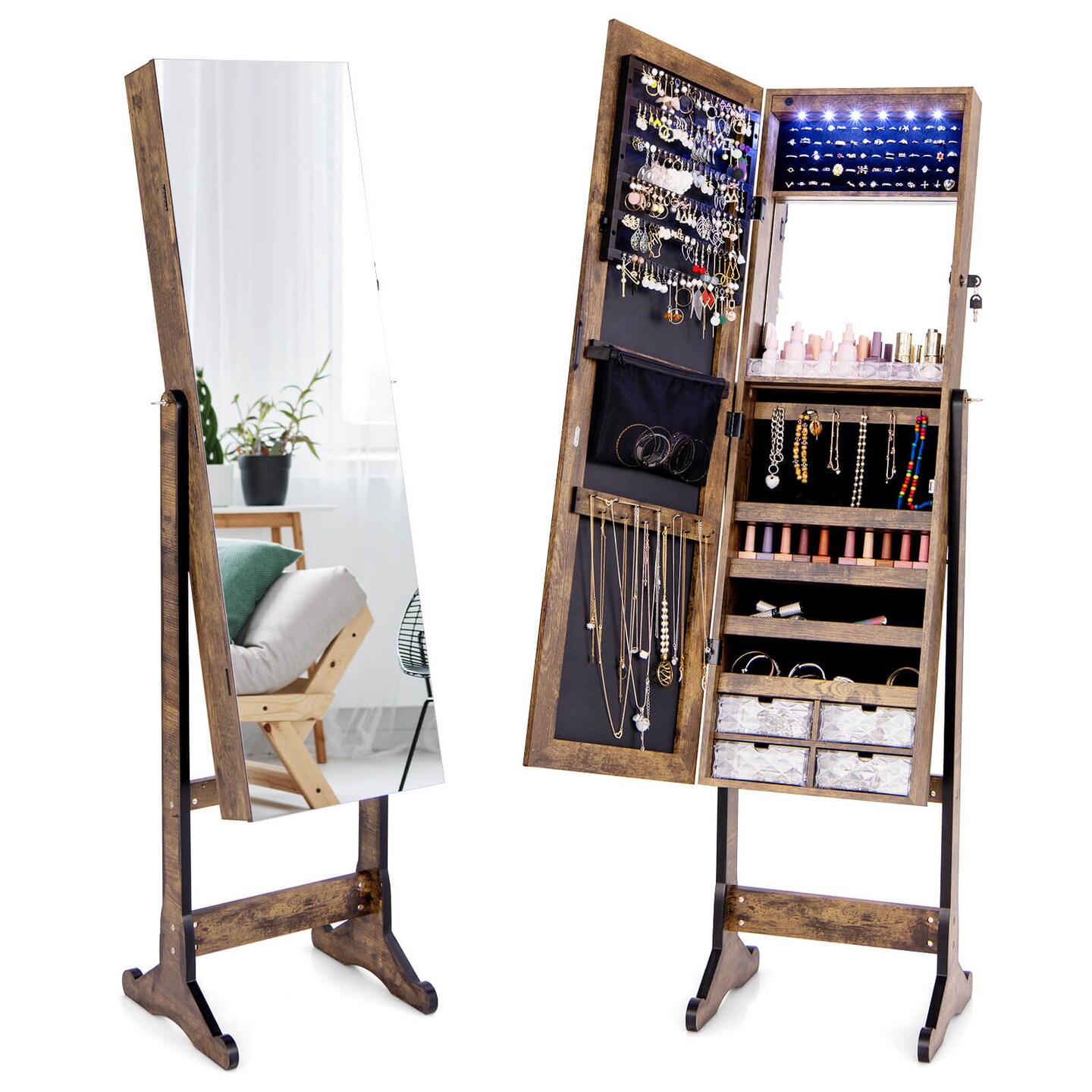 Costway Jewelry Cabinet Armoire Full Length Frameless Mirror Lockable with Lights White/Black/Rustic Brwon