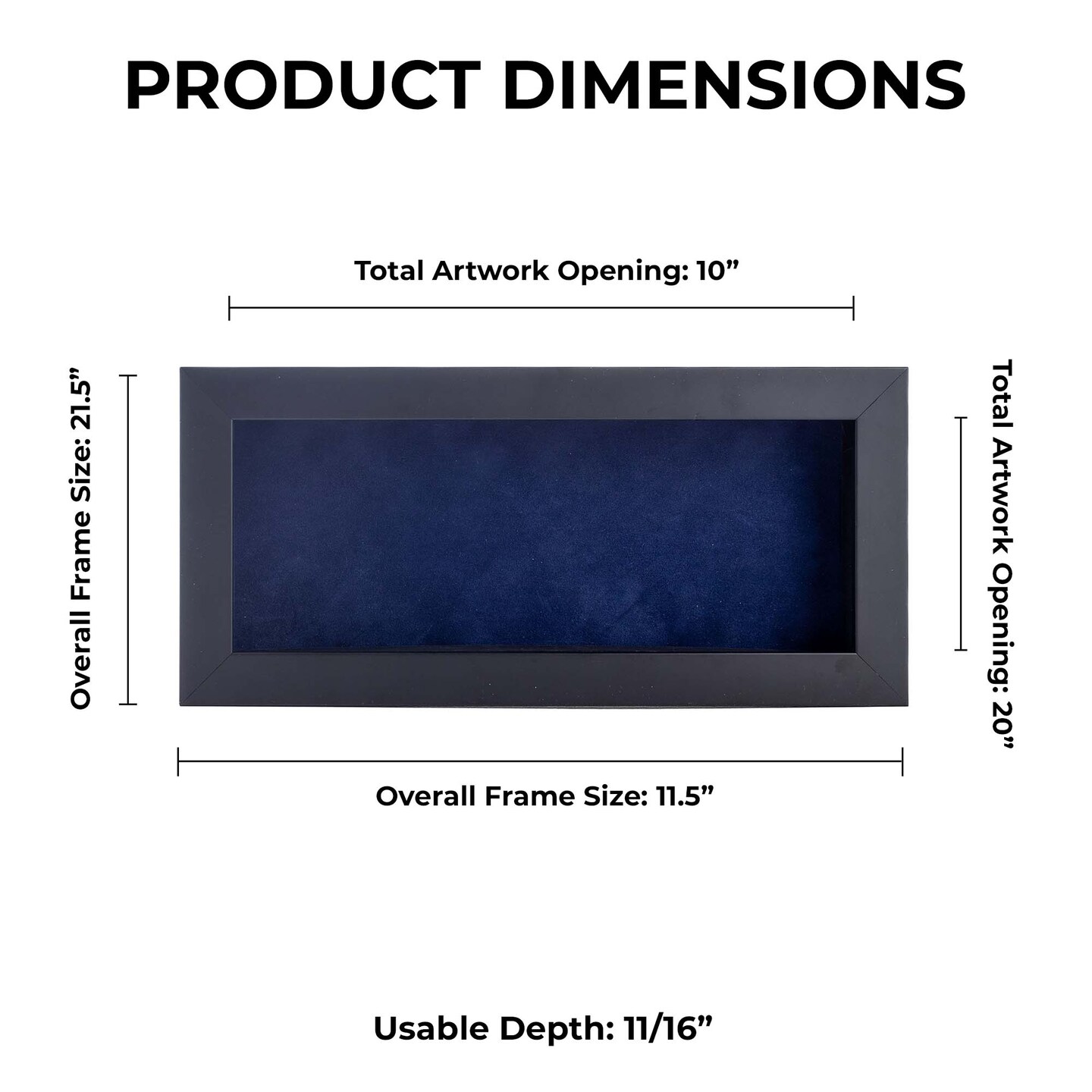 Classic Black Wood Shadown Box Frame with Acrylic Front - Navy Blue Suede Backing, 30 Sizes