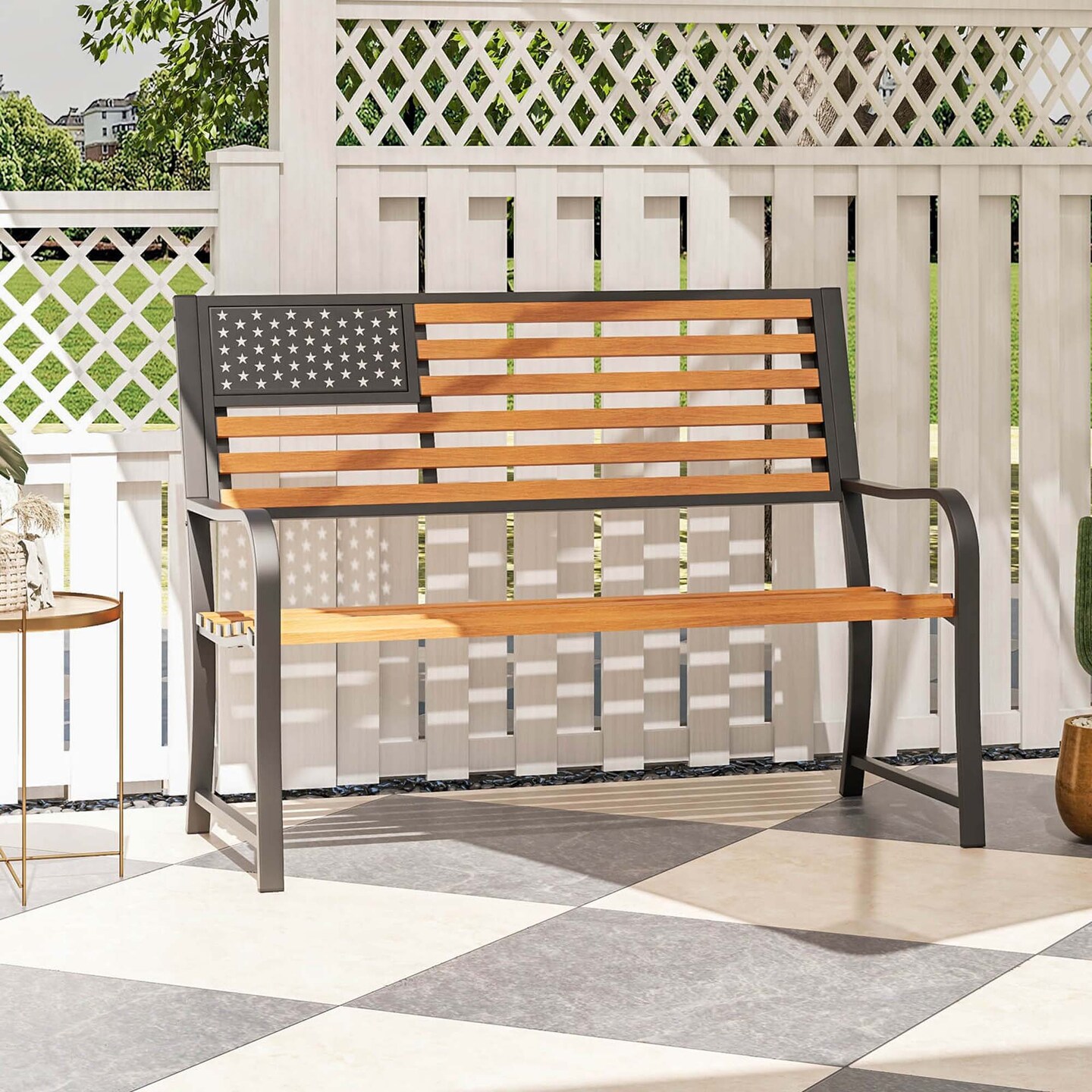 Costway 50&#x22; Outdoor Garden Bench with Flag Pattern Backrest &#x26; Rustic Wood Grain Finish