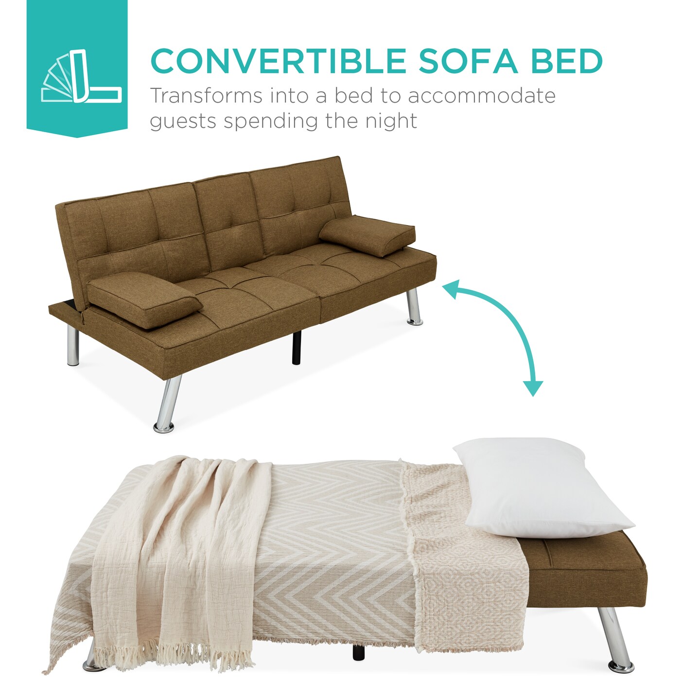Best Choice Products Modern Linen Convertible Futon Sofa Bed w/ Removable Armrests, Metal Legs, Cupholders