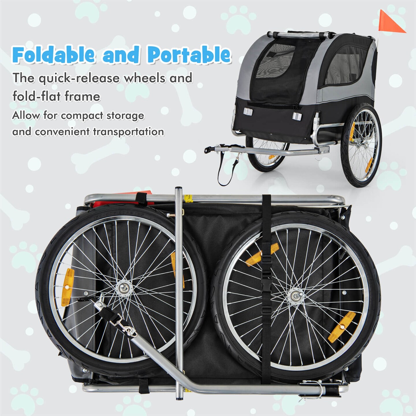 Costway Dog Bike Trailer Foldable Pet Cart with 3 Entrances  for Travel Grey/Red/Blue