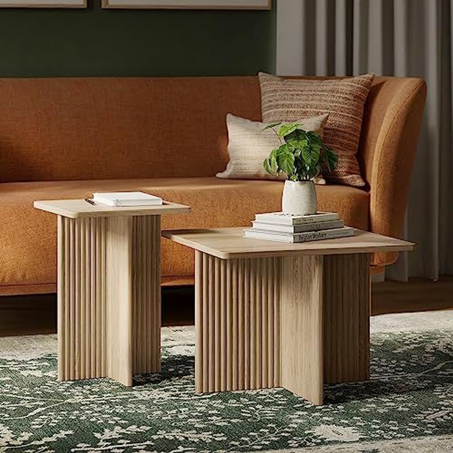 Square Fluted Nesting Coffee Table - Low Profile 2 Piece Square Coffee Table Set - Living Room Furniture - Modern Home Decor - Solid Oak Base (Natural Oak)