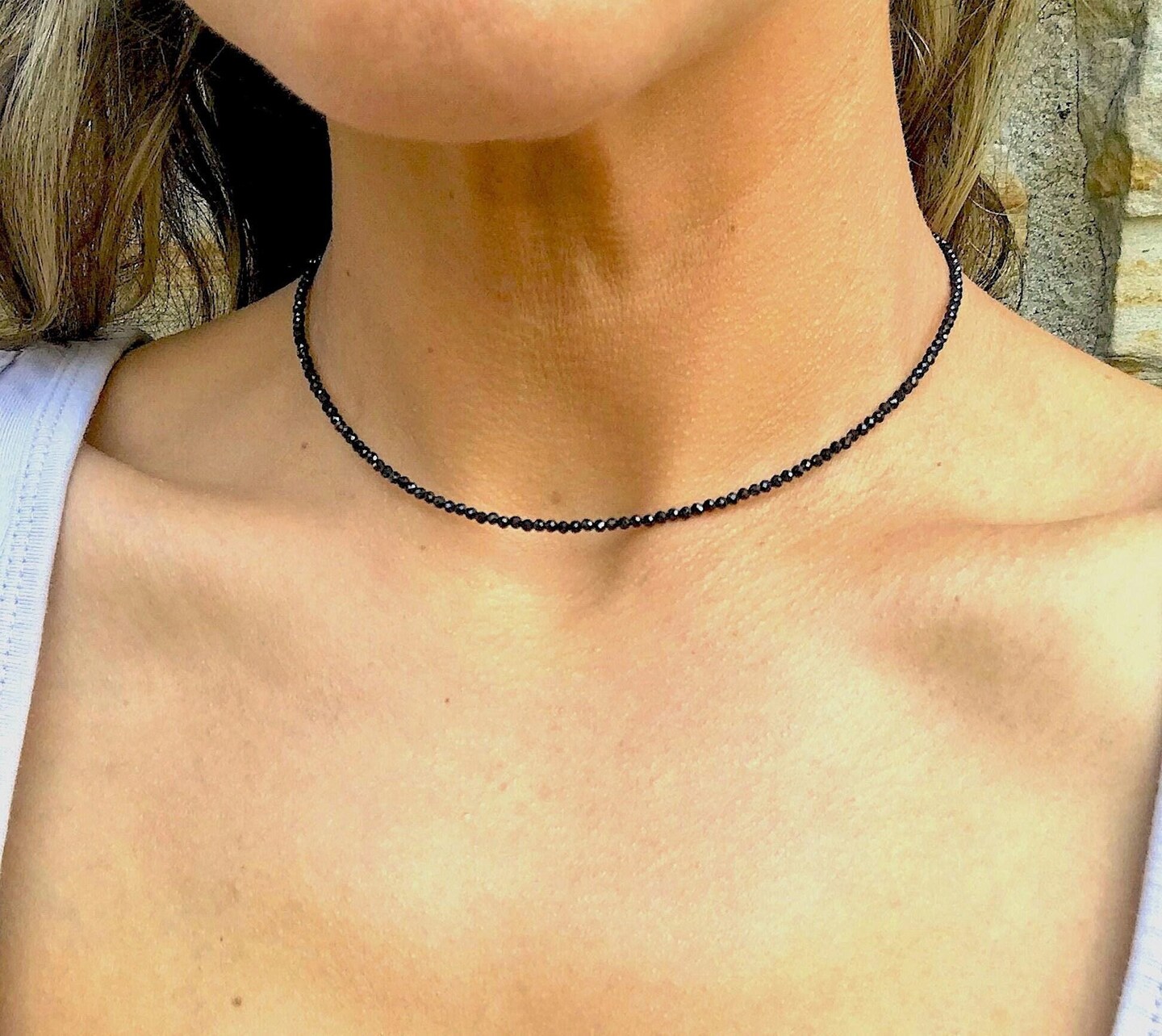 product name is Little Black Choker, 2mm Sparkly Spinel Stone, Black Short Necklace, Small Beaded Gemstones, Gifts for Women