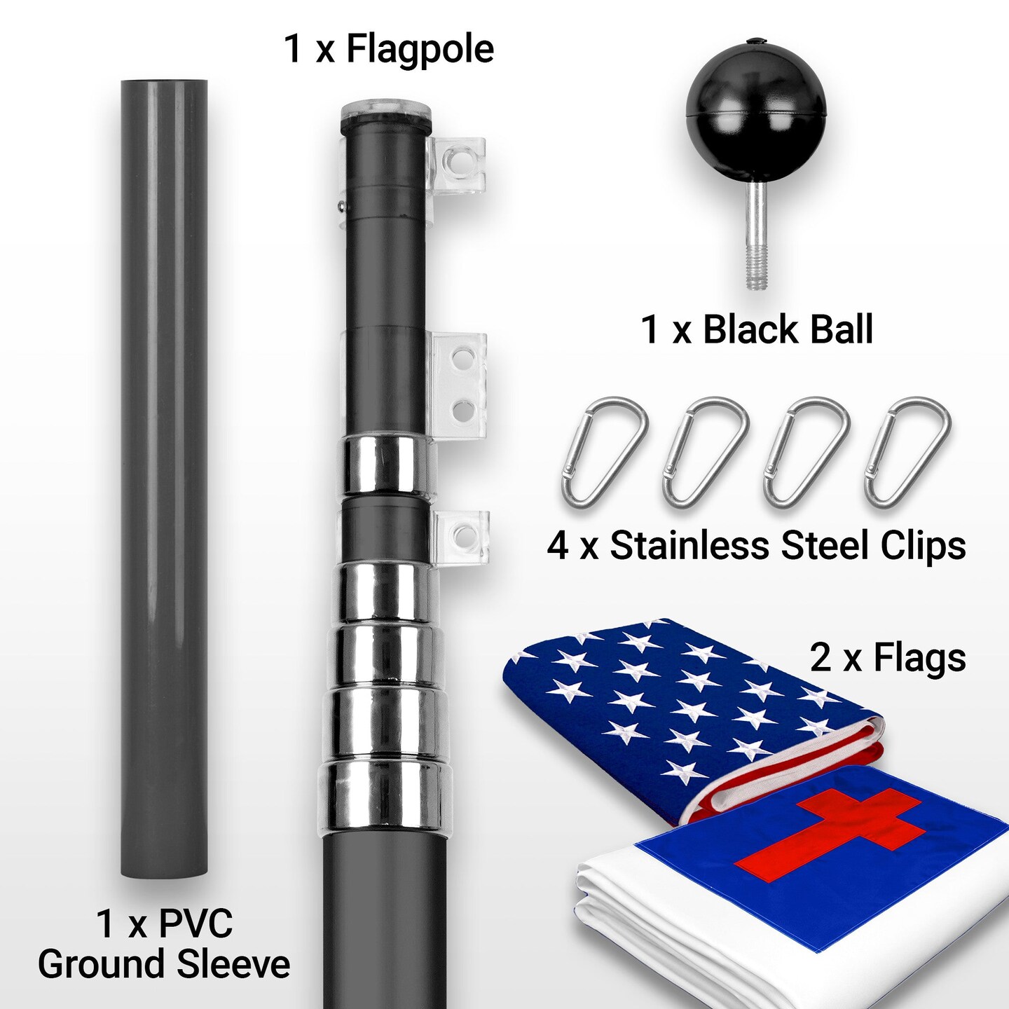 G128 Combo Pack: 20 Ft Telescoping Aluminum Flagpole (Black) &#x26; American and Christian Flags 3x5 Ft, Both ToughWeave Series Embroidered Polyester | Pole with Flags Included