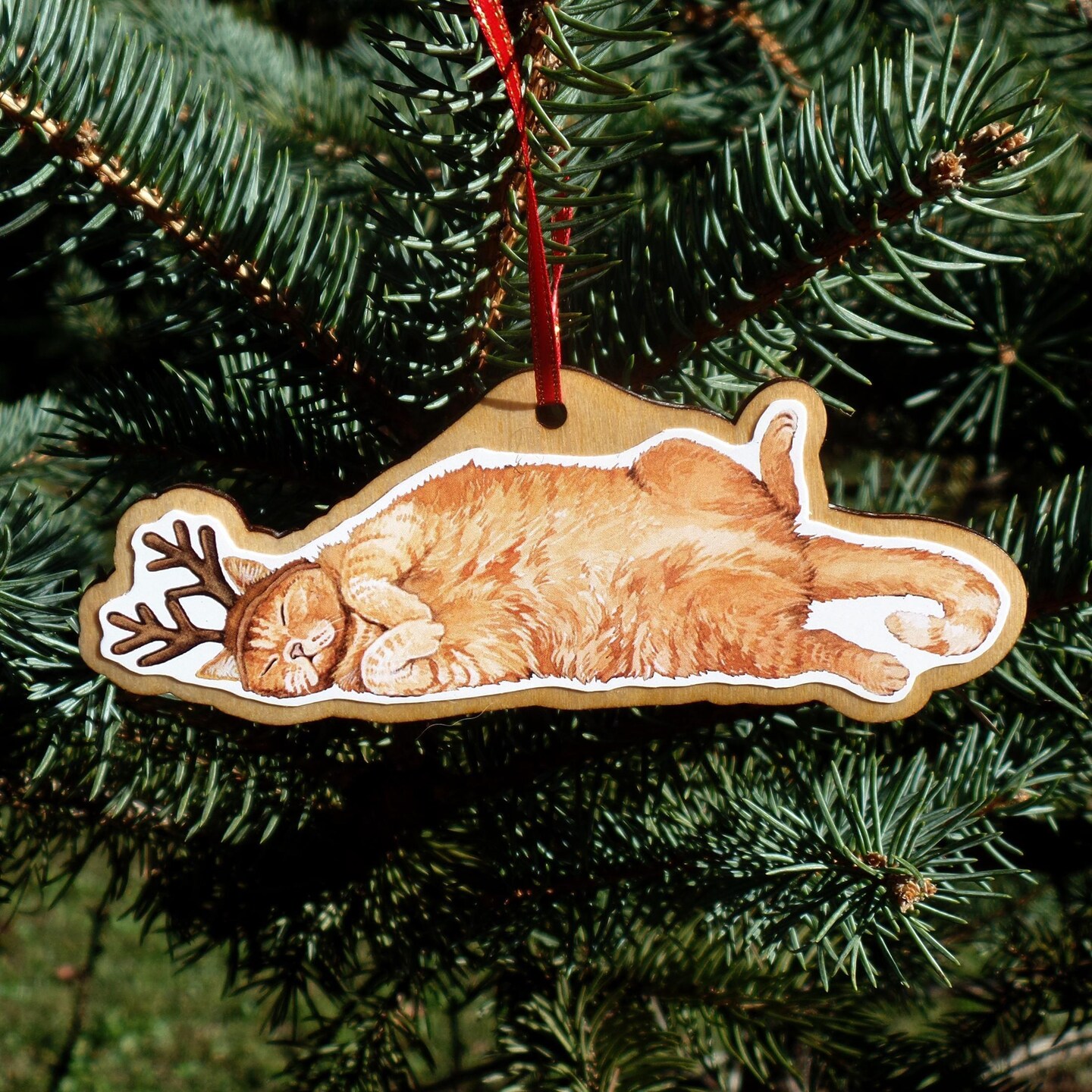 Orange Tabby Cat with Antlers Handmade Wooden Christmas Ornament