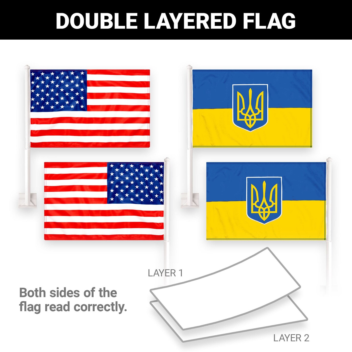 G128 Combo Pack: American USA Car Flag &#x26; Ukraine Ukraine Coat of Arms Car Flag 11x17 In | Both Double Sided Printed 150D Polyester | Flagpole Included | Perfect for Festival Celebrations, Parades