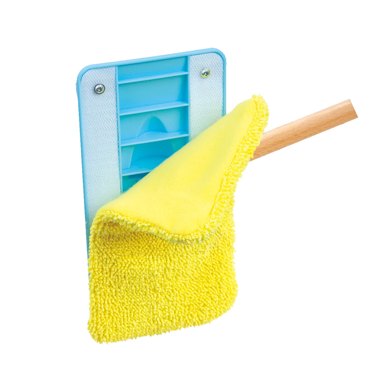 Hape: Clean Up Broom Set - 6pc, Yellow &#x26; Blue, Wooden Cleaning Toy Playset, Stand Holds Broom-Dustpan-Mop-Towel-Duster, Household Pretend Play, Kid 3+