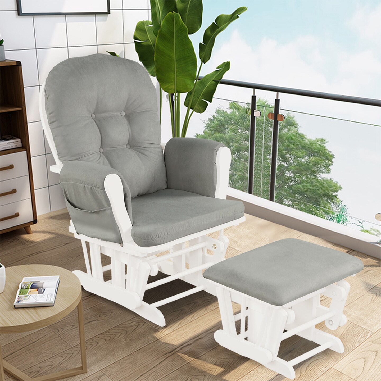 Costway Glider and Ottoman Cushion Set Wood Baby Nursery Rocking Chair Beige/Brown/Dark Grey/Light Grey/Pink/Grey