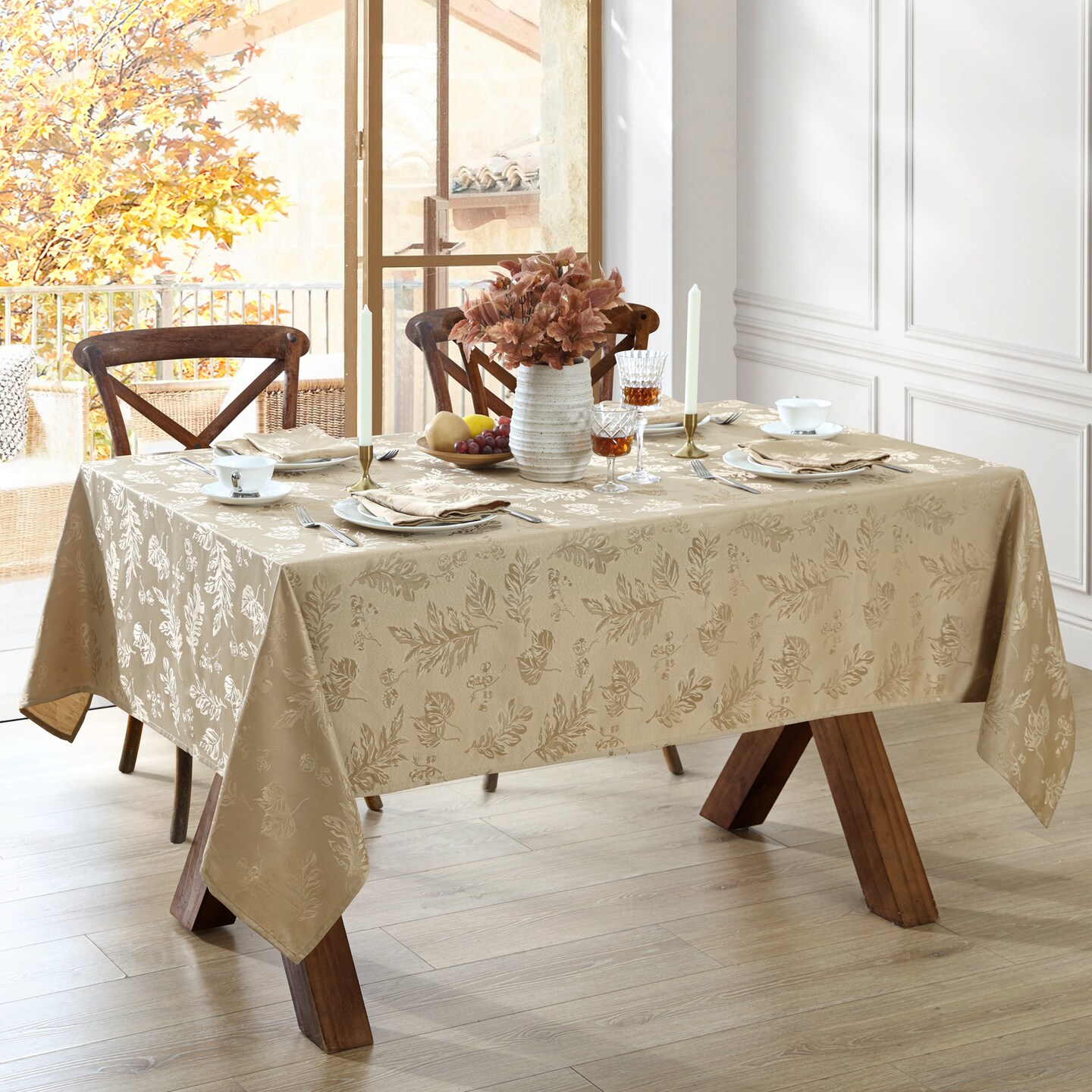 Threadmade Home Elegant Woven Leaves Jacquard Damask Tablecloth, Taupe - 60"W x 102"L