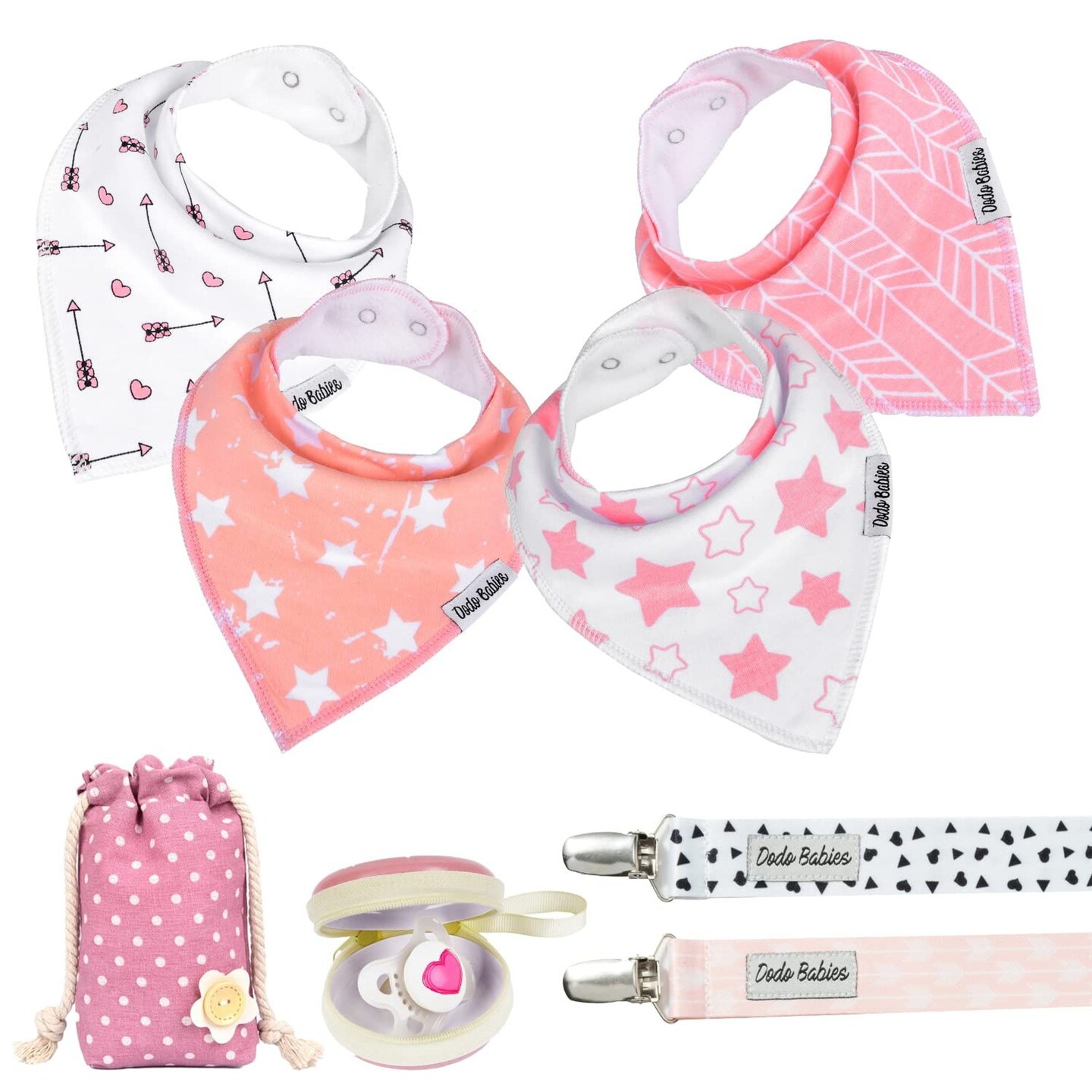 Dodo Babies Bandana Drool Bib Set &#x2013; Four 100% Cotton Bibs with Soft Polyester Lining, 2 Pacifier Clips, Binky Case, Pink Gift Bag for Baby Girl or Boy Shower &#x2013; Adjustable Snap Fit for 3-24 Months