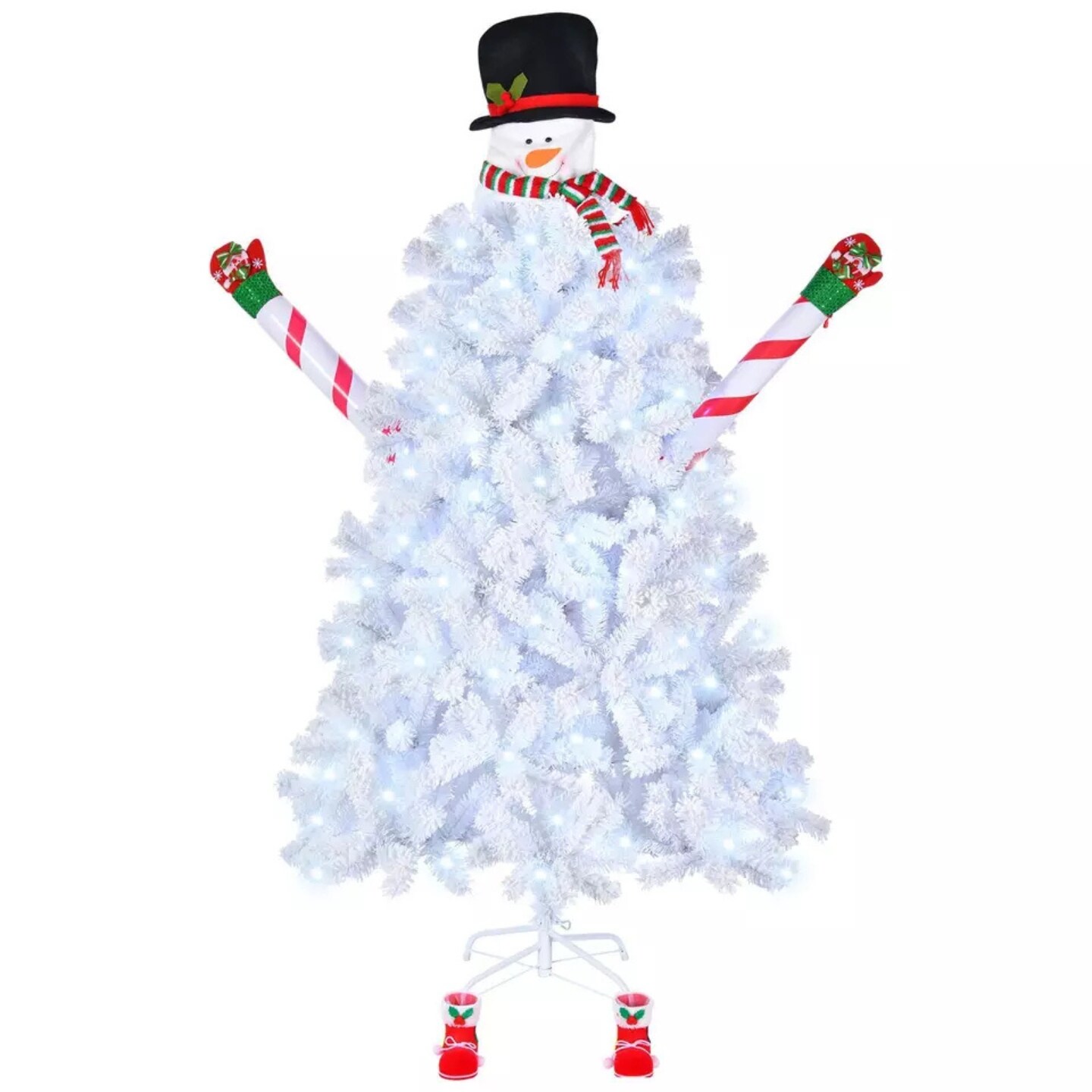 Kitcheniva 6.5&#x22; Pre-Lit Hinged Snowman Artificial White Christmas Tree With LED Lights