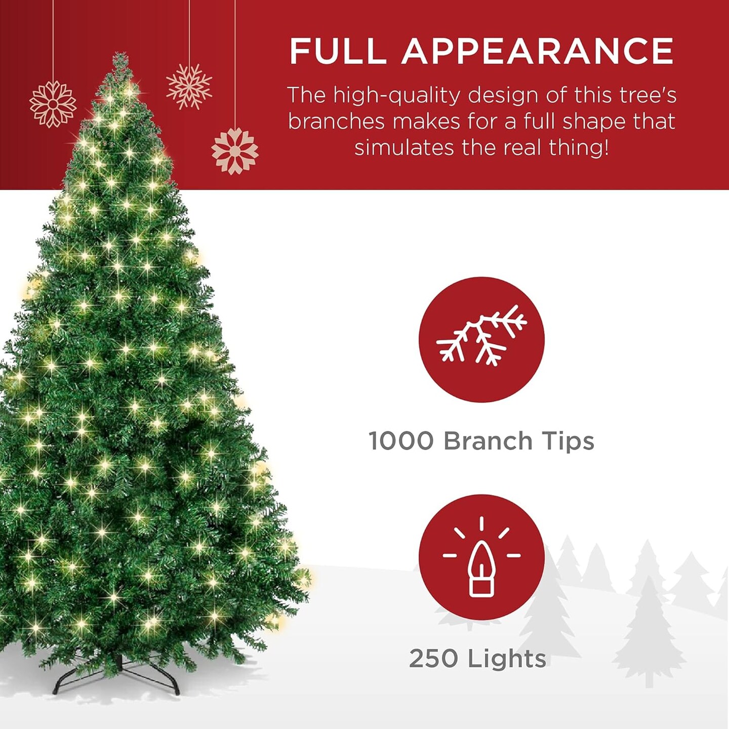Artificial Christmas Tree Hinged Pine with 250 Lights, 1,000 Tips &#x26; Foldable Base Pre-Lit Outdoor Holiday Decor