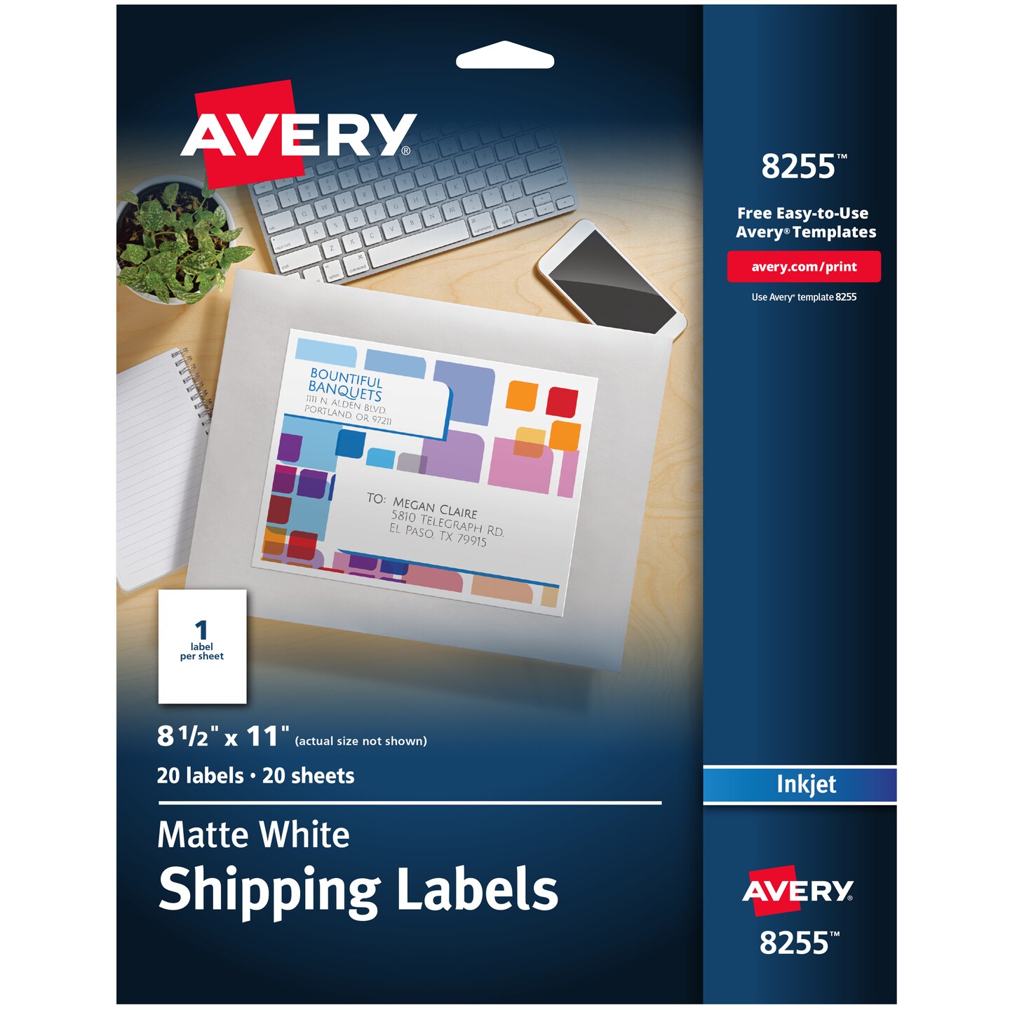 Avery Printable Shipping Labels, 8.5" x 11", Matte White, Inkjet Printer Compatible, 20 Blank Labels Total (8255)
