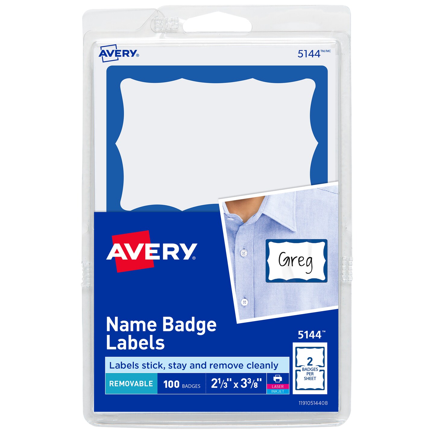 Avery Customizable Name Tags, 2-1/3" x 3-3/8", White with Blue Border, 100 Removable Name Badges (05144) - 18 Pack
