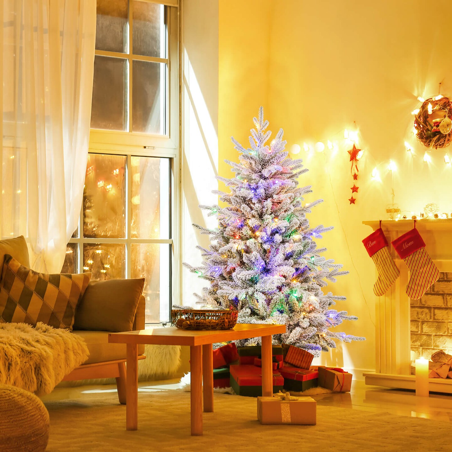 Costway 4.5/6/7 FT Flocked Christmas Tree with 8 Lighting Modes 160/260/350 Multi-Color LED Lights