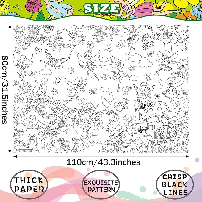 Poster for Kids Giant Coloring Poster Large Fairy Party Flower Coloring Tablecloth Jumbo Coloring Books for Kids Classroom Home Birthday Party Supplies Favor