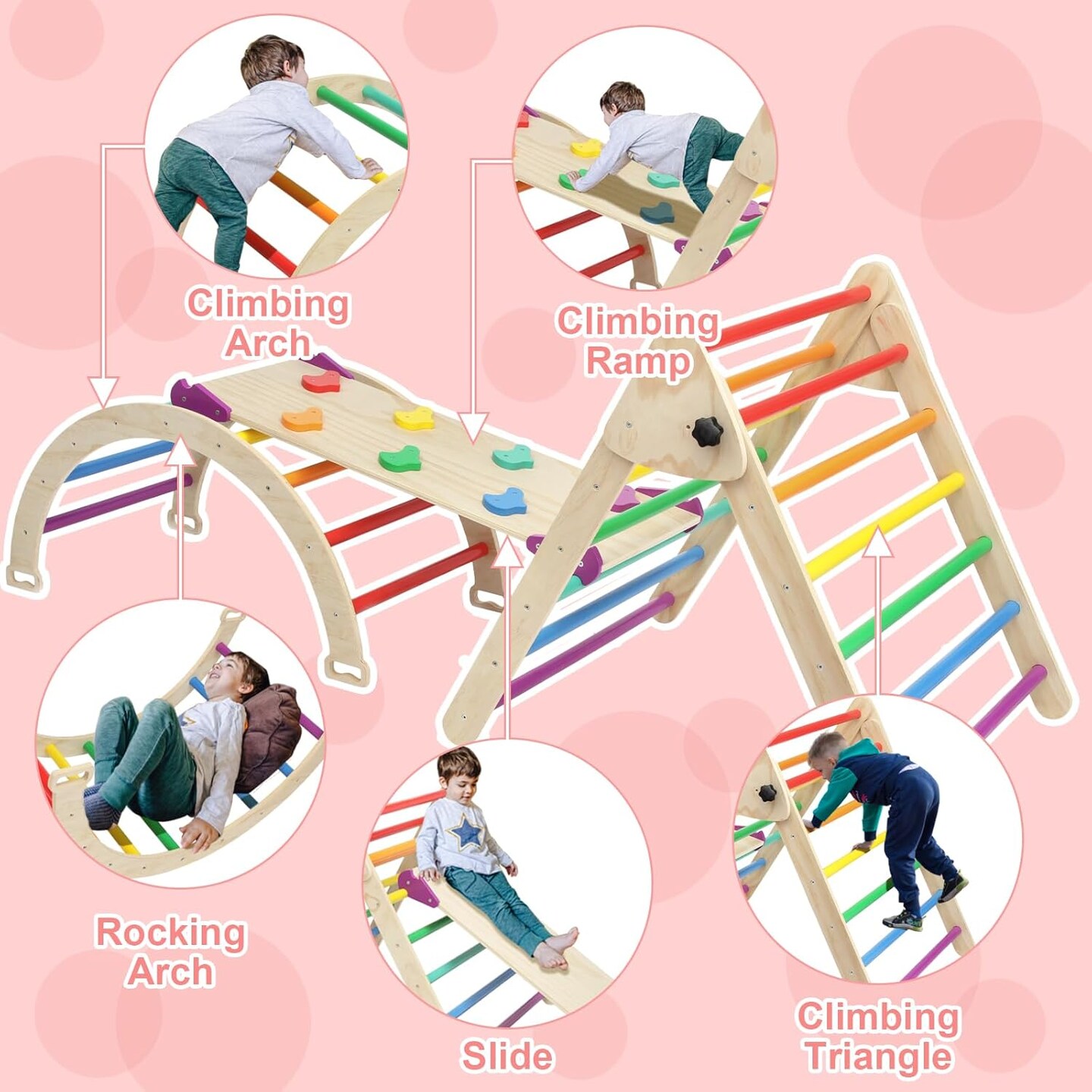 Pikler Triangle Set 7-in-1 Foldable Pikler Triangle Climbing Toys Set for Kids Baby Indoor Playground Jungle Gym, Wooden Montessori Climbing Set for Toddler