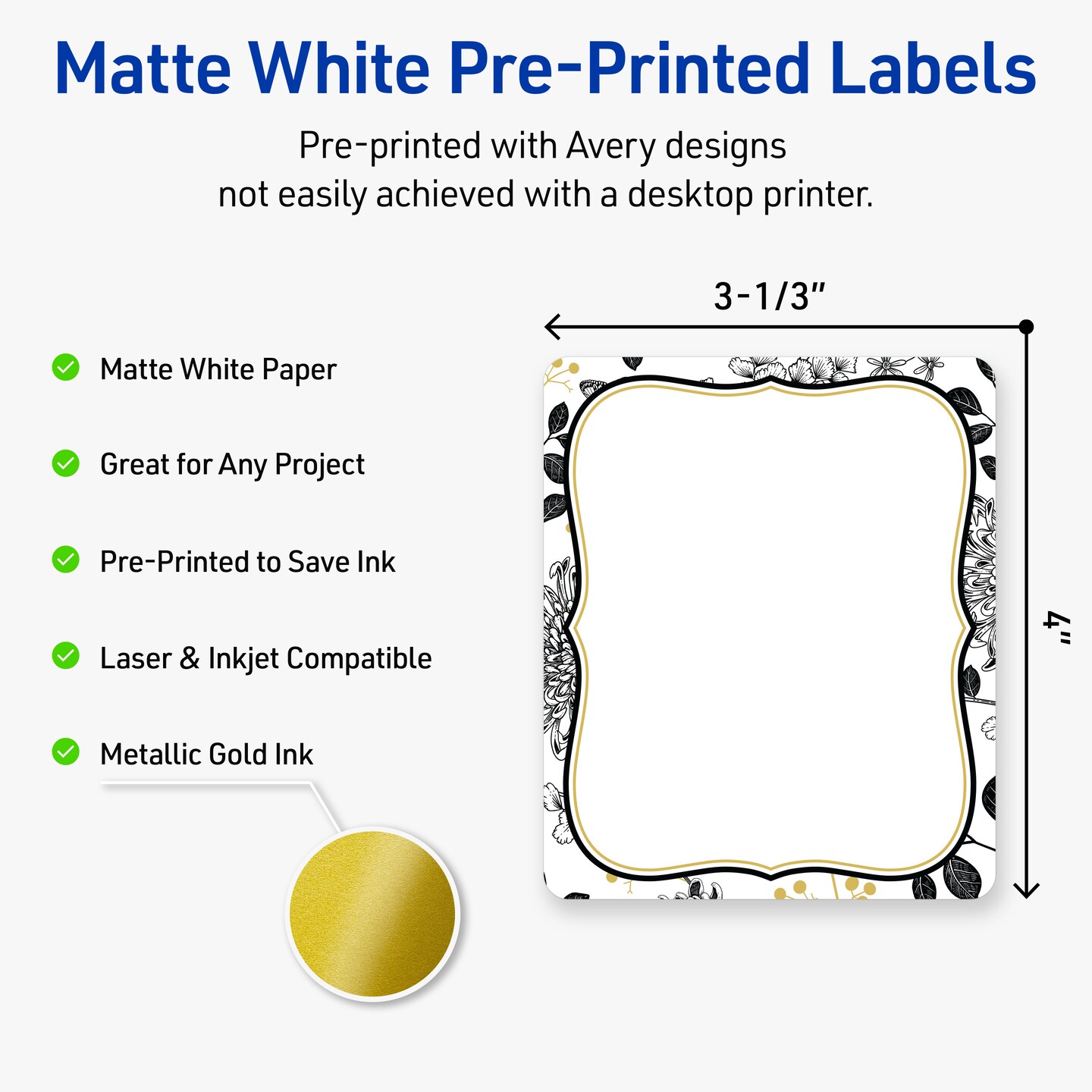 Avery Printable Rectangle Labels with Sure Feed Technology, 4" x 3-1/3", Pre-printed Flourished Gold & Black Florals Design, Matte White, Laser & Inkjet Compatible, 40 Total