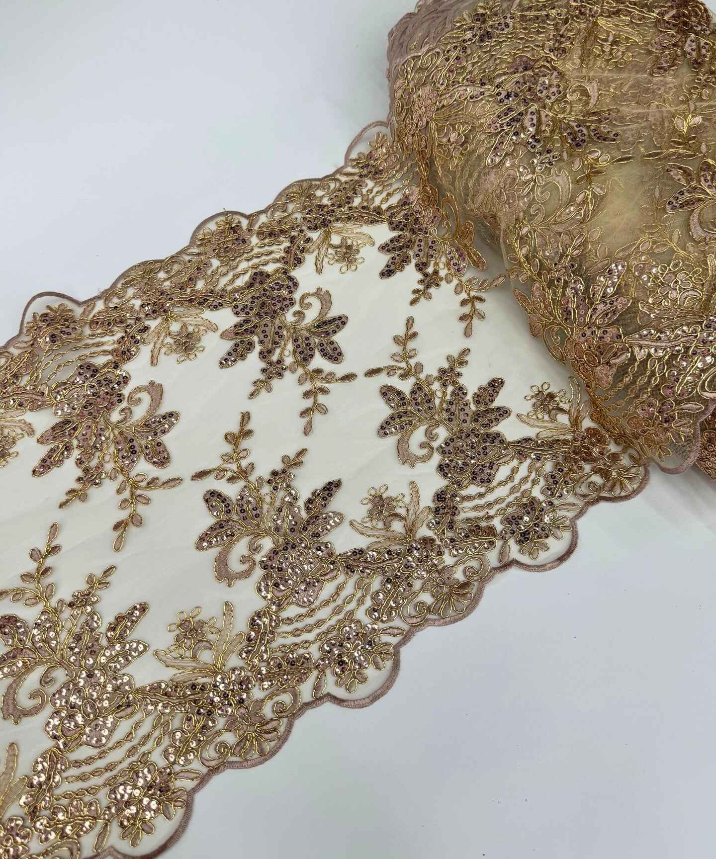 Rose Gold Floral Embroidered Lace Table Runner by the Yard, 14" Wide Sequin Mesh Lace Trim with Scalloped Edges