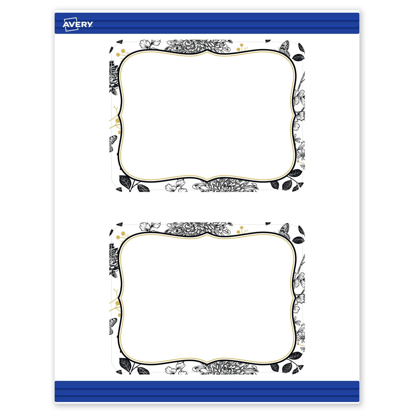 Avery Printable Rectangle Rounded Corner Postcards with Sure Feed Technology, 4.25" x 5.5", Pre-printed Flourished Gold & Black Florals Design, Matte White, Laser & Inkjet Compatible, 20 Total