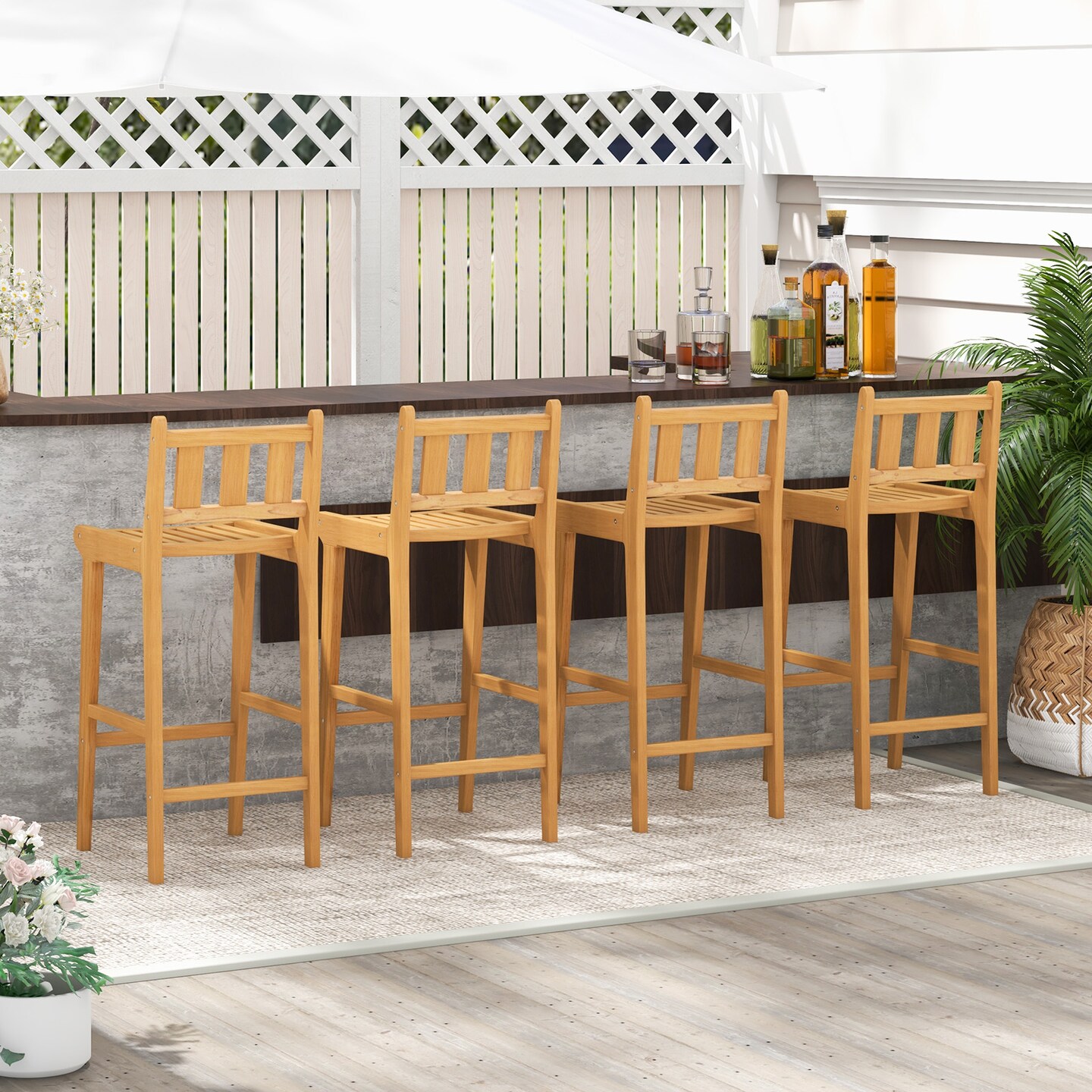 30 Inch Teak Wood Slatted Design Bar Chair with Footrest and Backrest Ideal for Outdoor Use