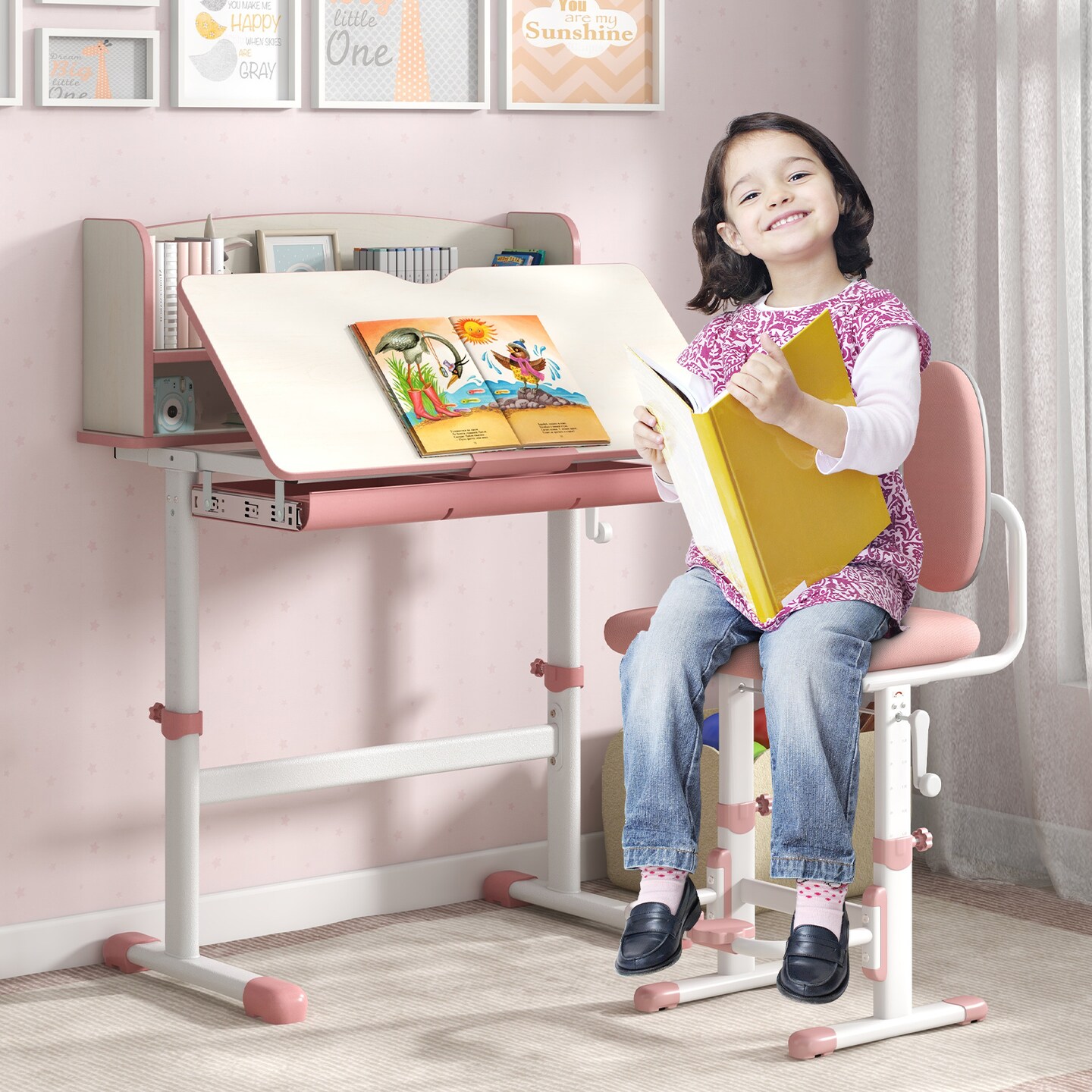 Adjustable Kids Study Desk, Tiltable and Height-Adjustable with Storage