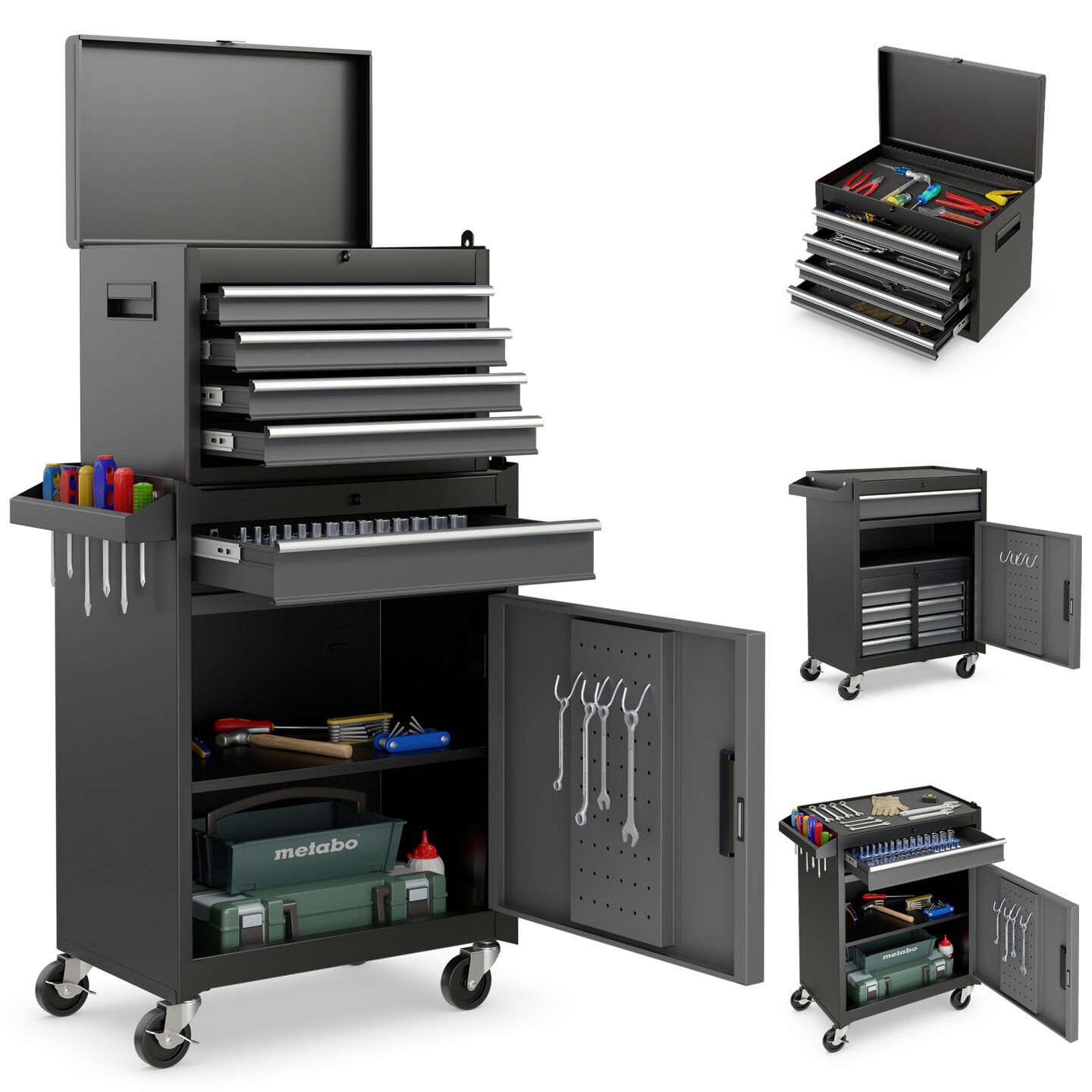 2-in-1 Tool Chest Cabinet with 5 Sliding Drawers and 4 Universal Wheels Perfect for Garage or Workshop