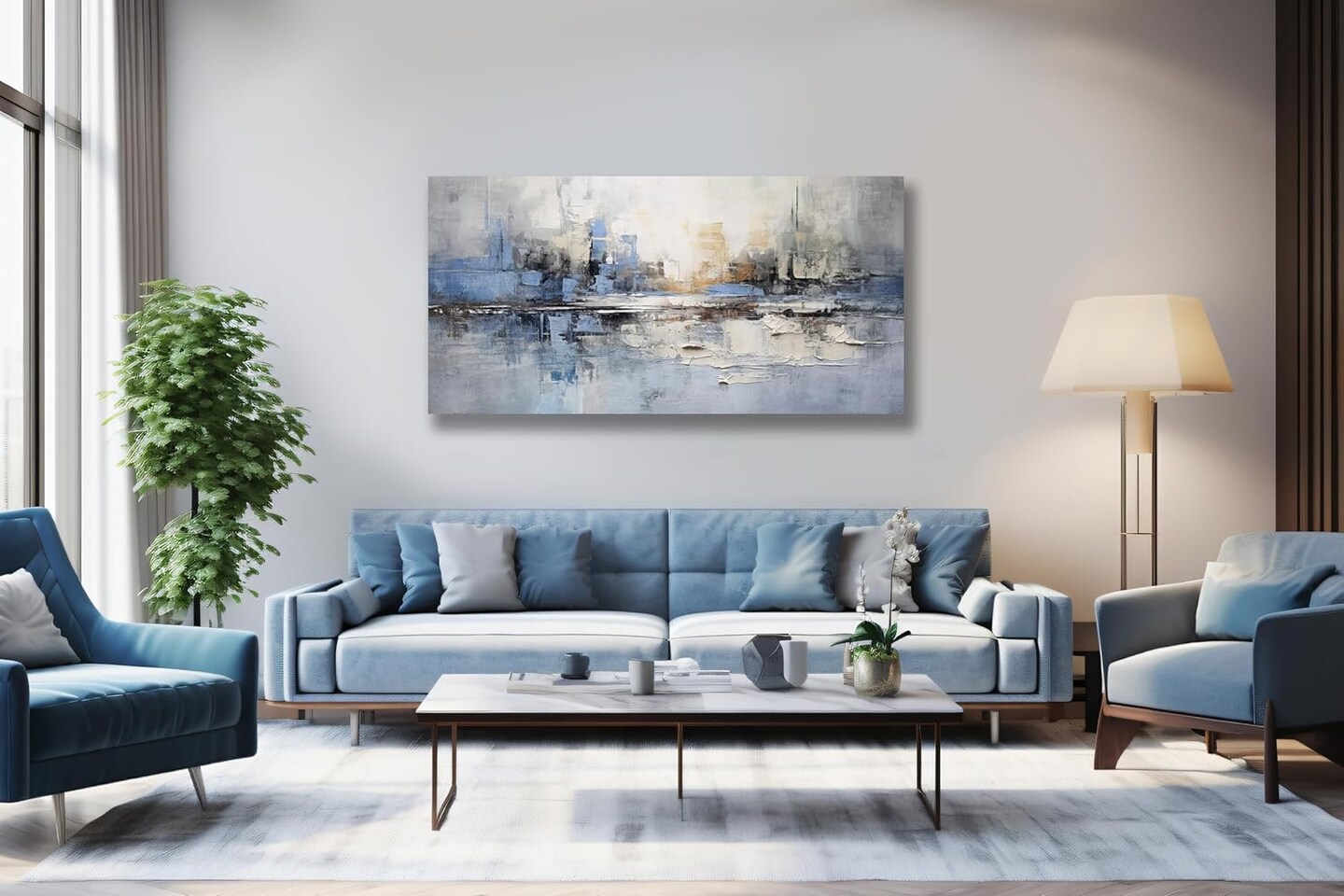 Abstract Wall Art Wall Decor Blue and Gray White Modern Canvas Wall Paintings Abstract Artwork for Living Room Bedroom Bathroom Office Home Decor Can Be Hung Directly 24&#x22;x 48&#x22;