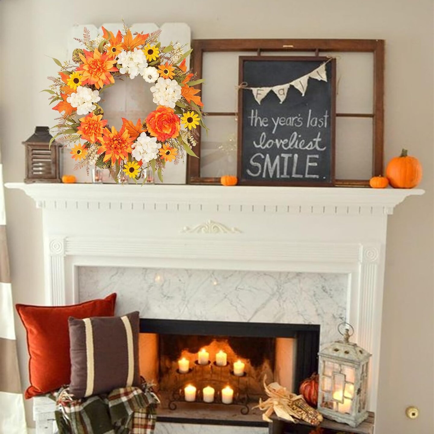 Artificial Sunflowers Autumn Flowers Wreath with Dahlia Peony Hydrangea Pumpkin Berries for Indoor Outdoor Window Wall Porch Harvest Halloween Thanksgiving Decor