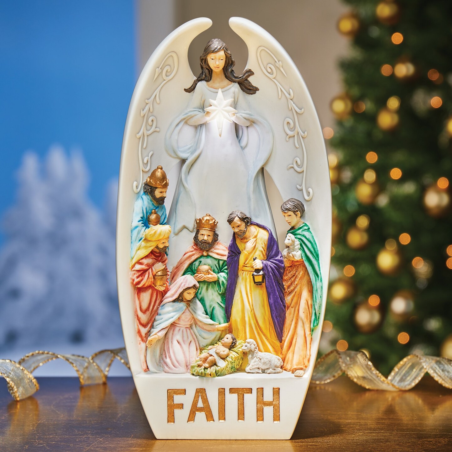 Collections Etc Hand-Painted LED Lighted Faith Angel Nativity Scene Decoration
