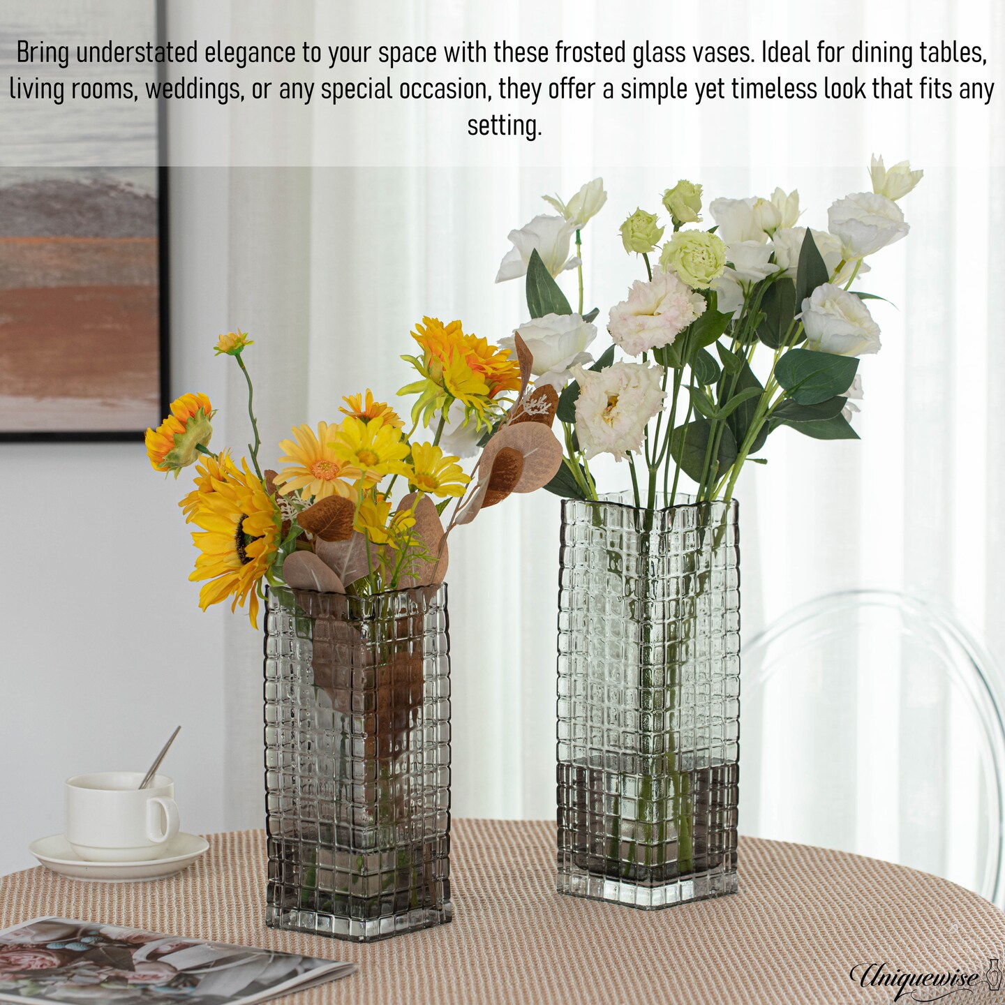Set of 2 Square Frosted Clear Glass Table Vase - A Timeless Centerpiece for Dining Tables, Living Rooms, Bedrooms, Hotel Reception Areas and Conference Rooms, Ideal for Weddings and Special Occassions